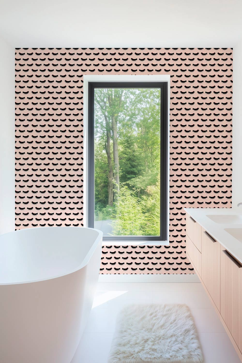 Textured performance vinyl wallpaper featuring hand-painted mascara-style eyelashes in a repeating stripe; ideal for salons, bathrooms, and high-traffic beauty spaces.