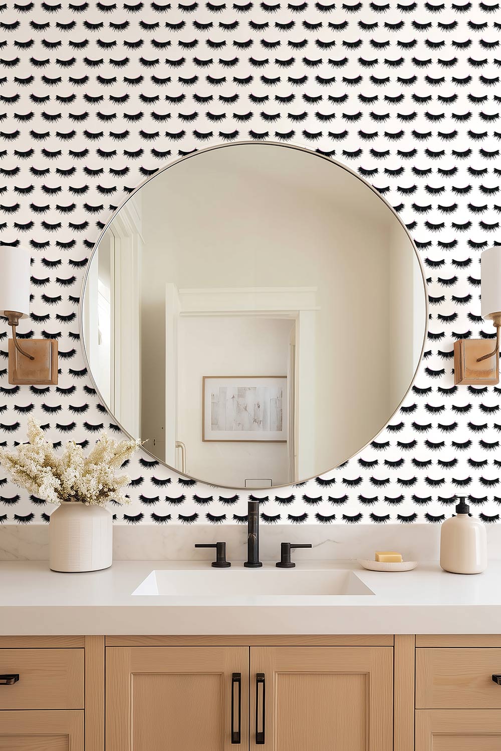 Textured performance vinyl wallpaper featuring hand-painted mascara-style eyelashes in a repeating stripe; ideal for salons, bathrooms, and high-traffic beauty spaces like spas, salons and lash bars