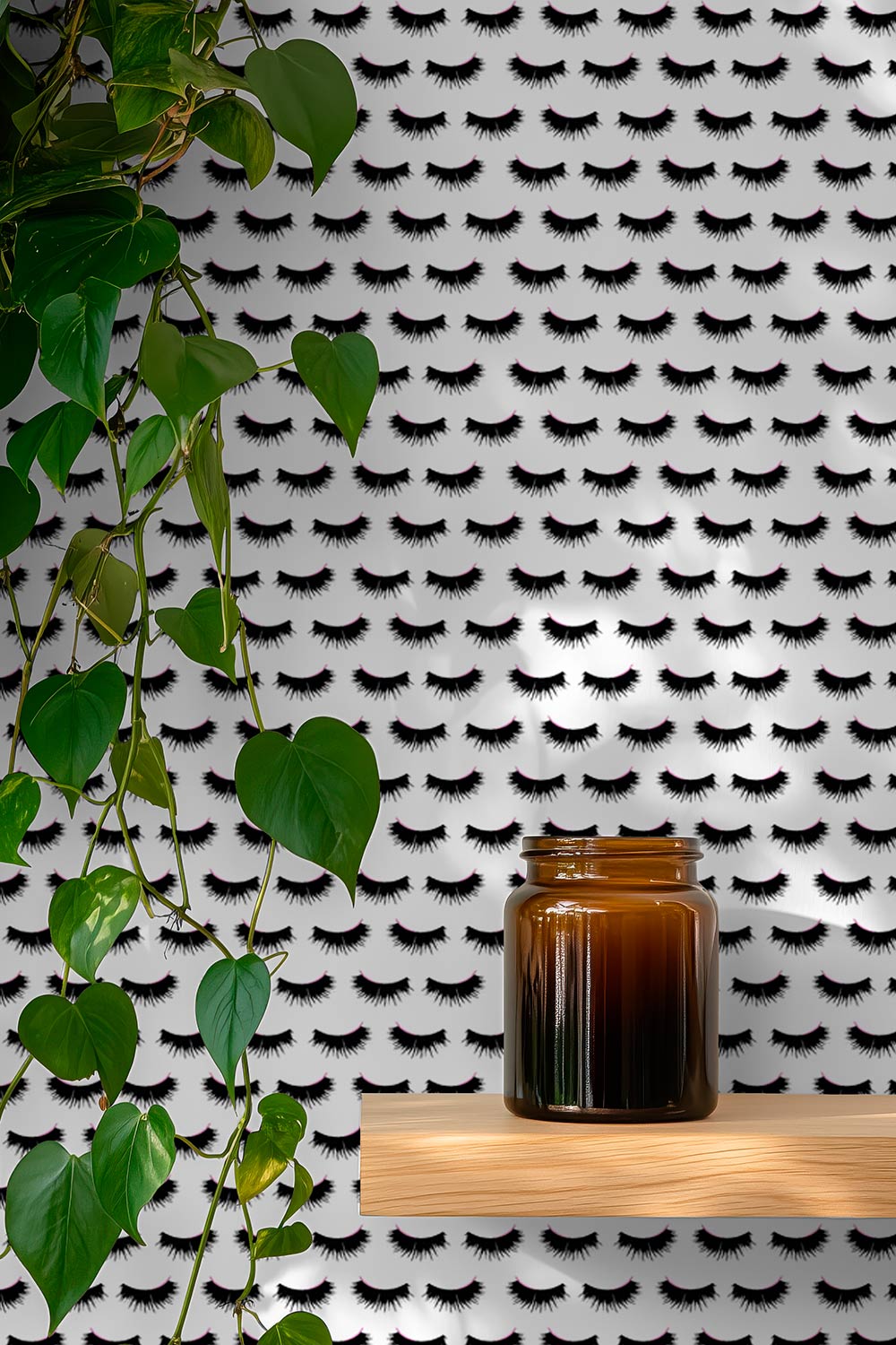 Hand-painted eyelash stripe wallpaper on smooth matte paper, featuring black mascara-style lashes on blush, pink, and white backgrounds perfect for feminine bathrooms and retail beauty spas, salons and lash bars