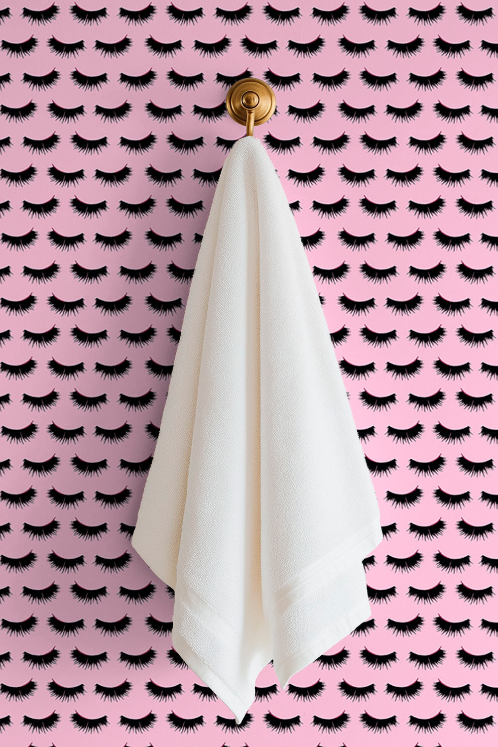 Textured performance vinyl wallpaper featuring hand-painted mascara-style eyelashes in a repeating stripe; ideal for salons, bathrooms, and high-traffic beauty spaces like spas, salons and lash studios
