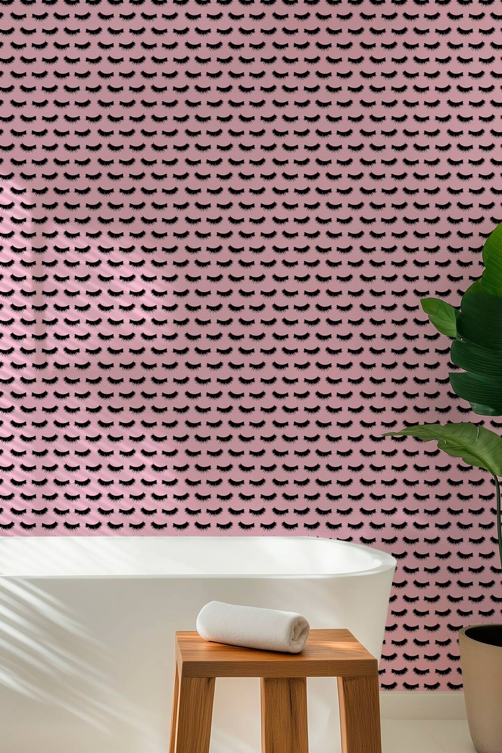 Hand-painted eyelash stripe wallpaper on smooth matte paper, featuring black mascara-style lashes on blush, pink, and white backgrounds.