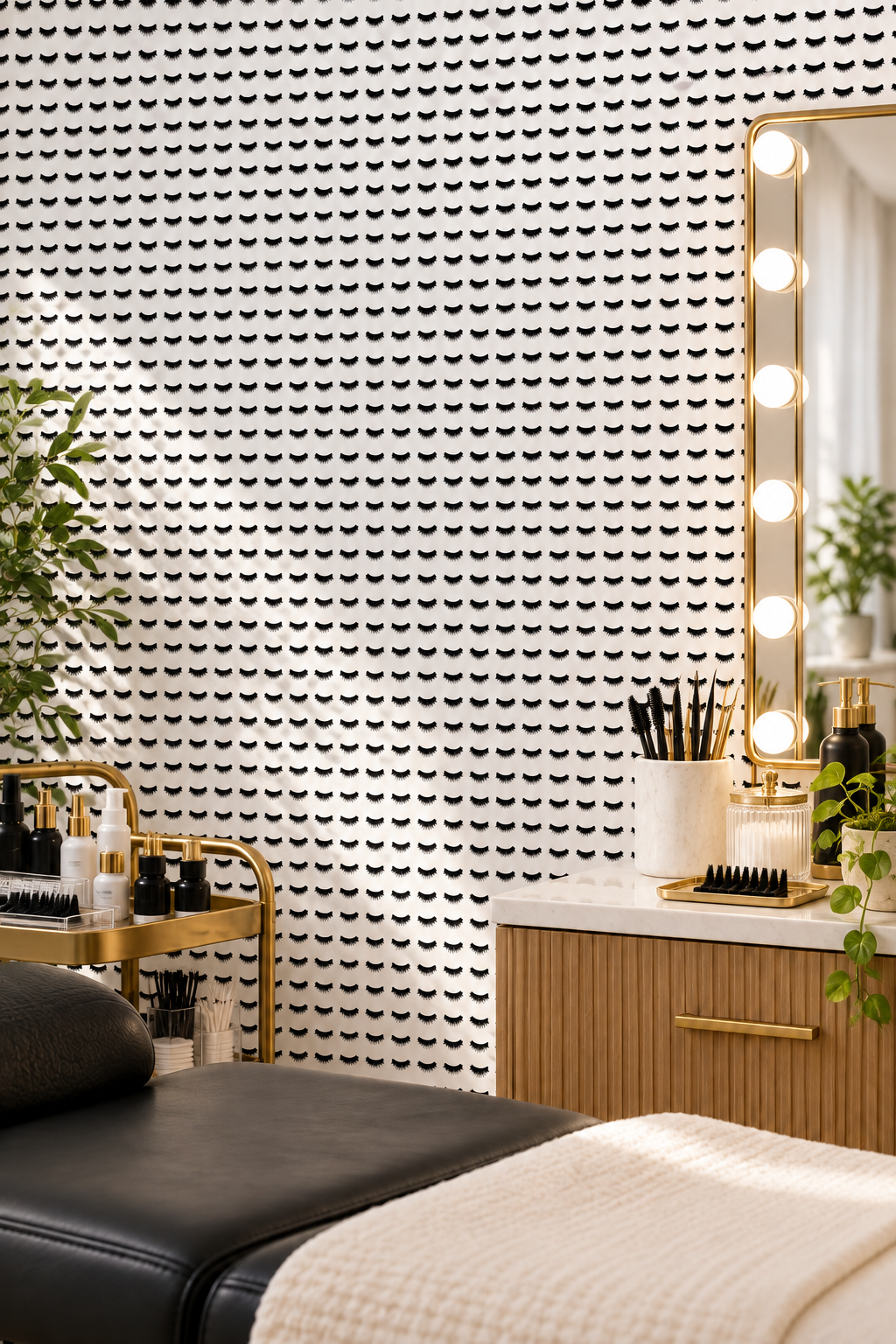 textured performance vinyl wallpaper featuring hand-painted mascara-style eyelashes in a repeating stripe; ideal for salons, bathrooms, and high-traffic beauty spaces like spas, salons and lash bars