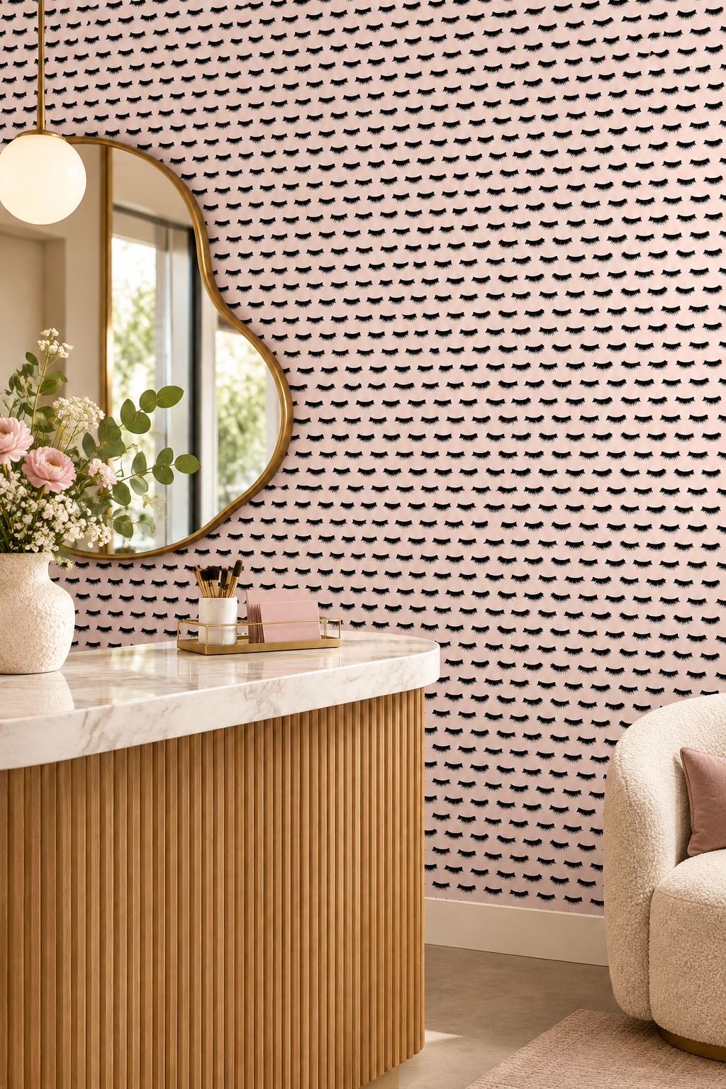 Textured performance vinyl wallpaper featuring hand-painted mascara-style eyelashes in a repeating stripe; ideal for salons, bathrooms, and high-traffic beauty spaces.