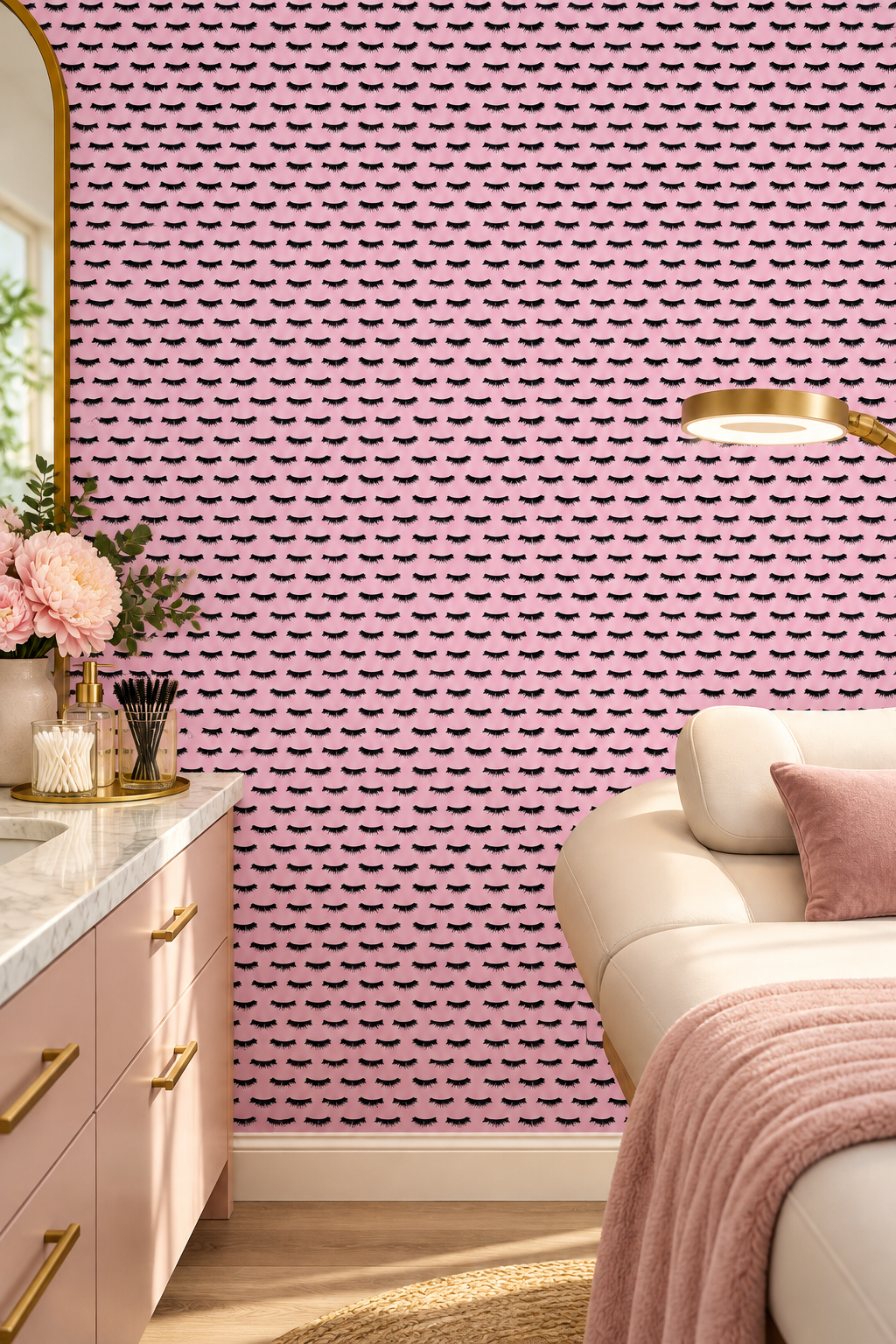 Textured performance vinyl wallpaper featuring hand-painted mascara-style eyelashes in a repeating stripe; ideal for salons, bathrooms, and high-traffic beauty spaces like spas, salons and lash studios