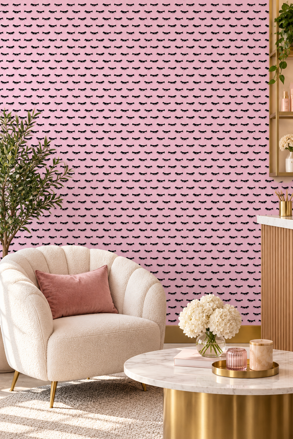 Hand-painted eyelash stripe wallpaper on smooth matte paper, featuring black mascara-style lashes on blush, pink, and white backgrounds. Perfect for this lash studio or makeup studio waiting room lounge