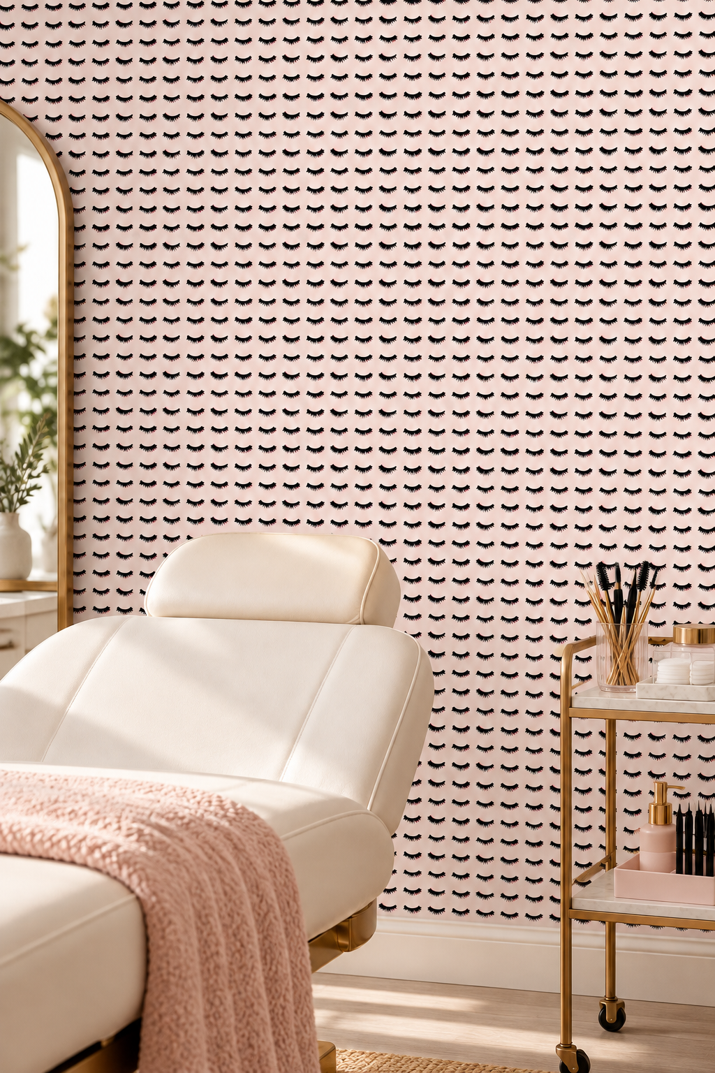 Hand-painted eyelash stripe wallpaper on smooth matte paper, featuring black mascara-style lashes on blush, pink, and white backgrounds perfect for lash studios and commercial spaces
