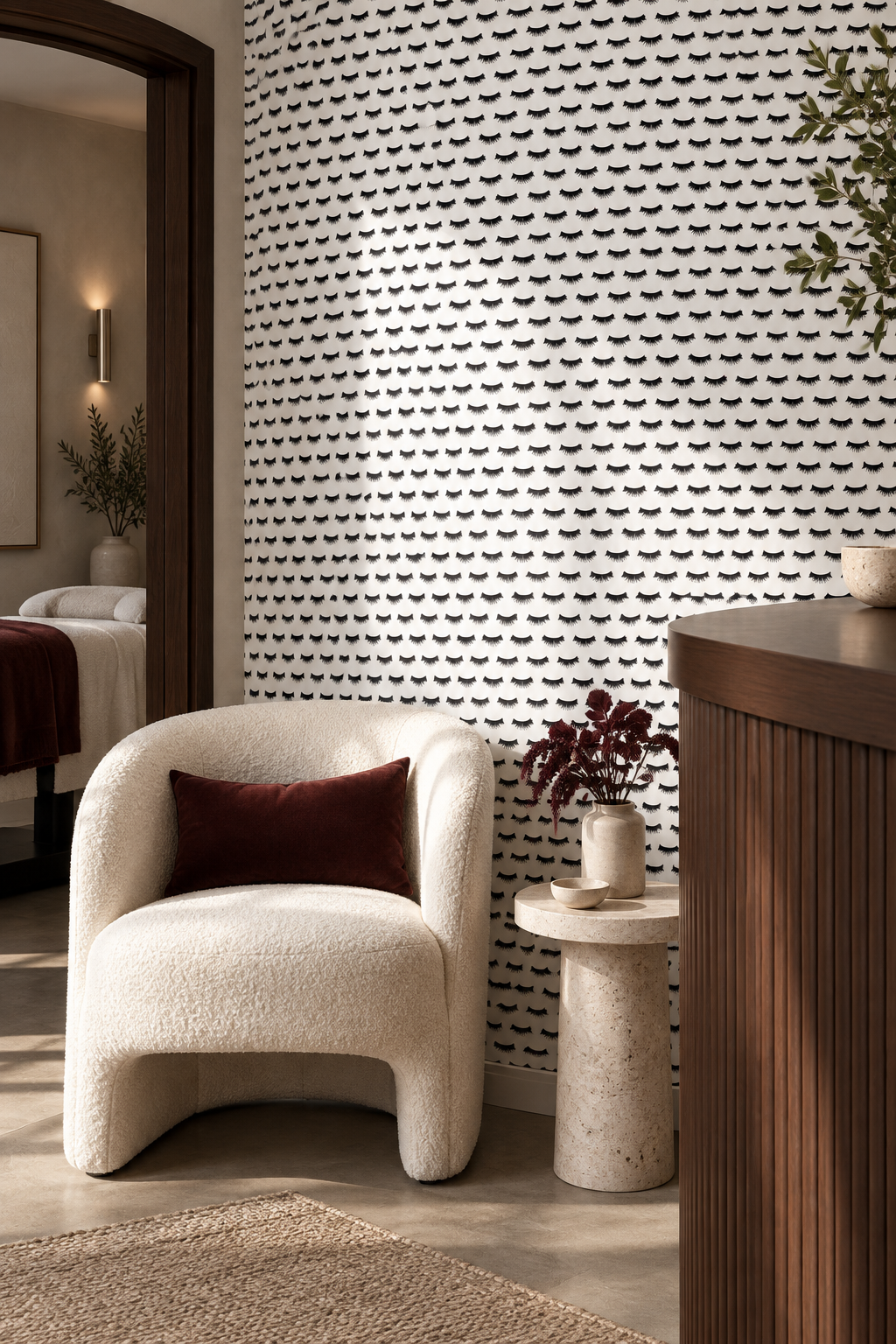 Hand-painted eyelash stripe wallpaper on smooth matte paper, featuring black mascara-style lashes on blush, pink, and white backgrounds perfect for feminine bathrooms and retail beauty spas, salons and lash bars