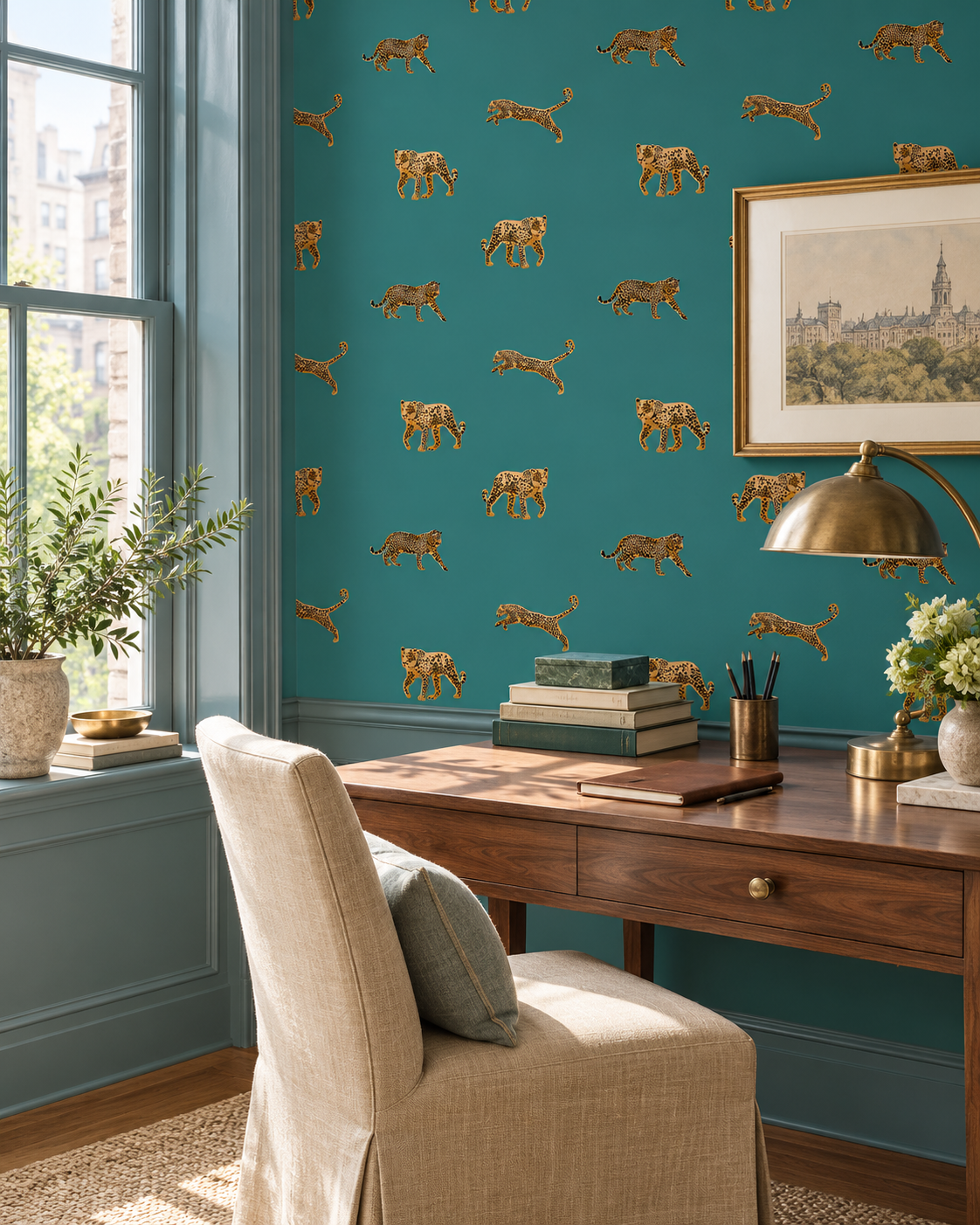 high end interior designed home office with bold animal print jungle leopard wallpaper on green all-natural and eco-friendly grass cloth