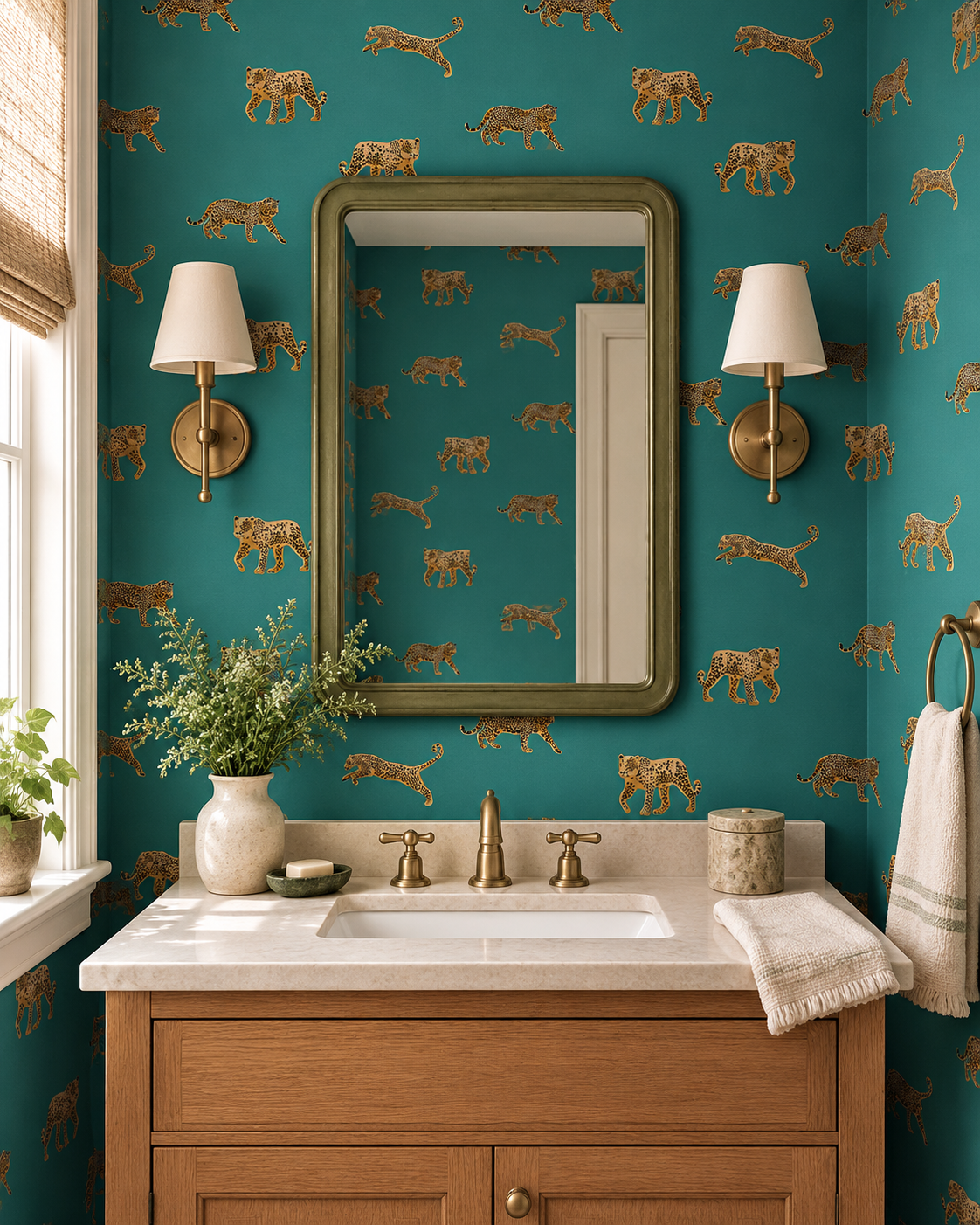 luxury bathroom with deep jungle green leopard print wallpaper