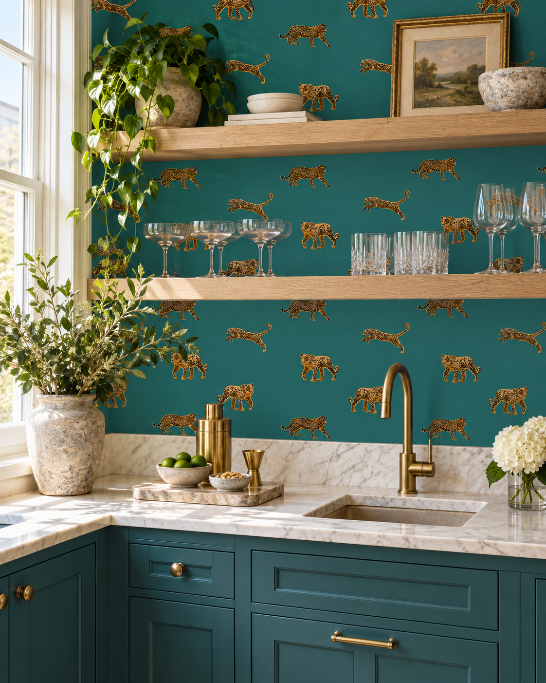 A styled kitchen corner featuring teal cabinets, a marble countertop, a brass faucet, and a bold teal wallpaper with a repeating gold animal print. Open wooden shelves hold glassware, books, and decor, with a potted plant and vase of flowers near the window. dramatic animal print wall-covering in rich dark green cheetahs printed on commercial grade water and stain resistant performance vinyl wall-covering, great for bathrooms, kitchens and commercial spaces.