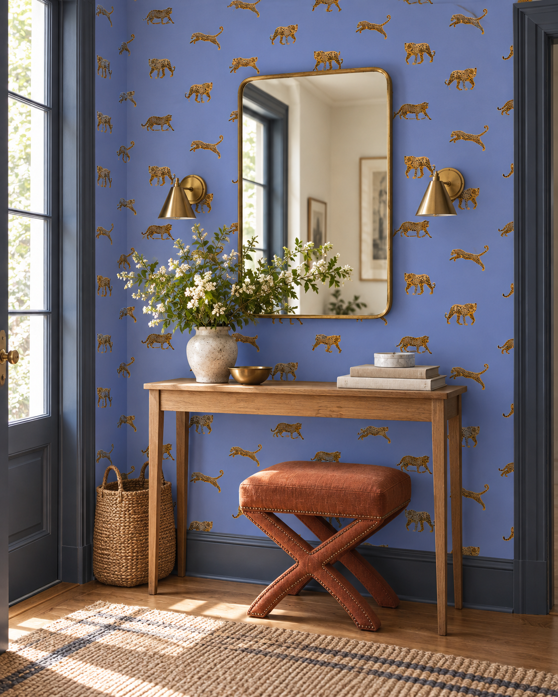 dramatic leopard print wallpaper on periwinkle in this bold foyer