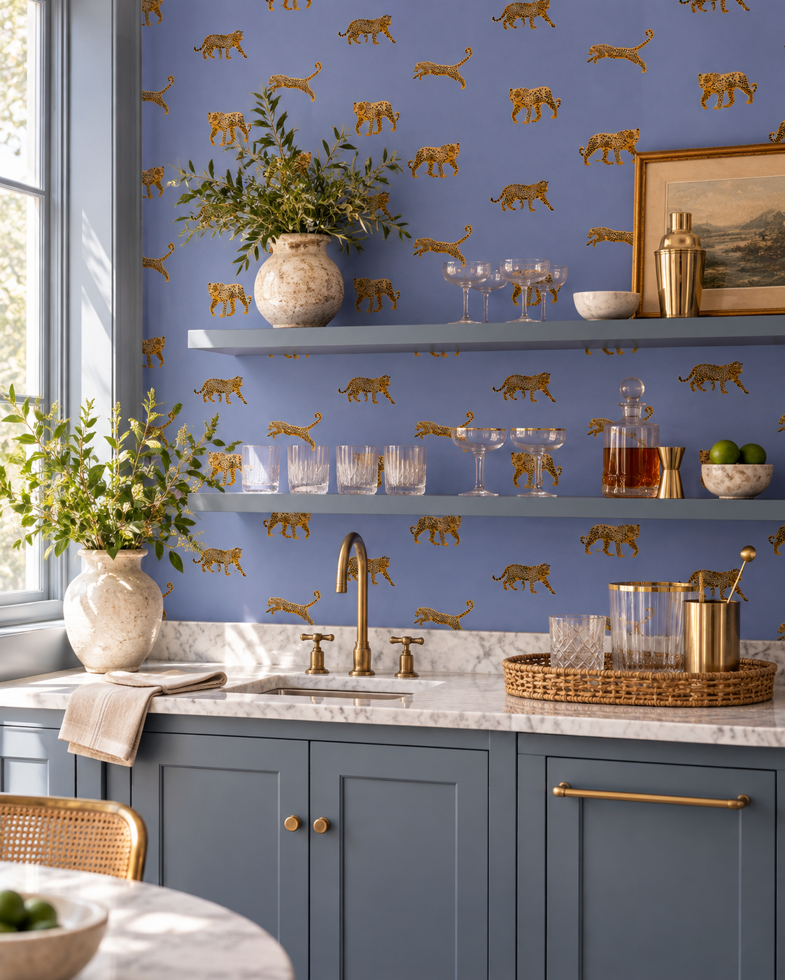 dramatic animal print wall-covering in bold purple cheetahs printed on commercial grade water and stain resistant performance vinyl wall-covering, great for bathrooms, kitchens and commercial spaces.