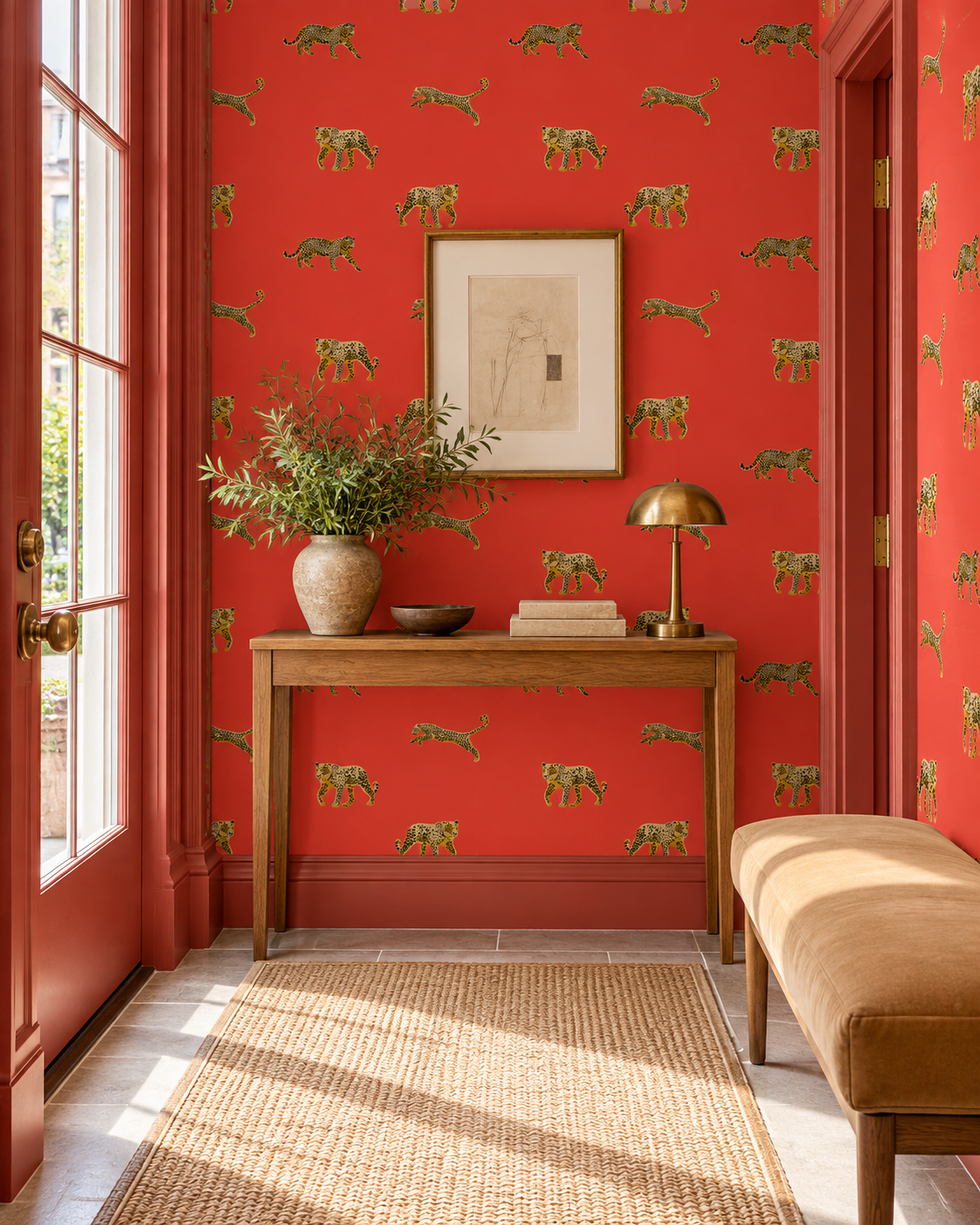 bold animal print luxury grass cloth wall-covering for interior designers
bold red leopard wallpaper
animal print wallpaper
bold leopard design
modern animal print wallpaper
dramatic statement wallpaper
powder room wallpaper
den wallpaper design
playful leopard wallpaper
bold color wallpaper
confident animal print décor
all natural and eco-friendly grass cloth wall-covering
