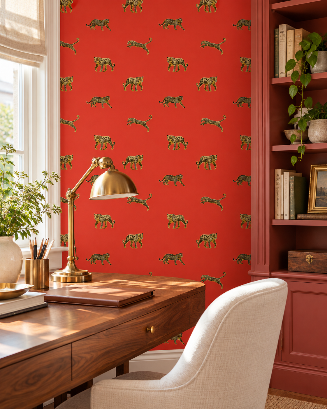 A styled home office corner featuring a vibrant red wallpaper with a repeating pattern of green lions. The wallpaper is on the back wall behind a wooden desk, a brass desk lamp, and a cream-colored chair, with a dark red bookshelf filled with books and a green plant to the right.