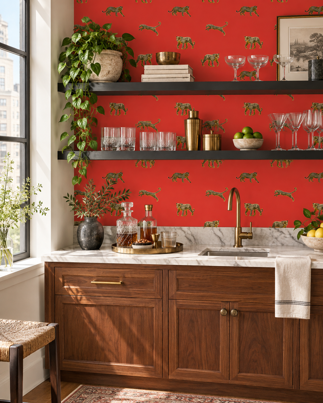A styled wet bat in a kitchen featuring a bold red wallpaper with a repeating green animal print, dark wood cabinets, a white marble countertop, and open black shelves with glassware and decor.