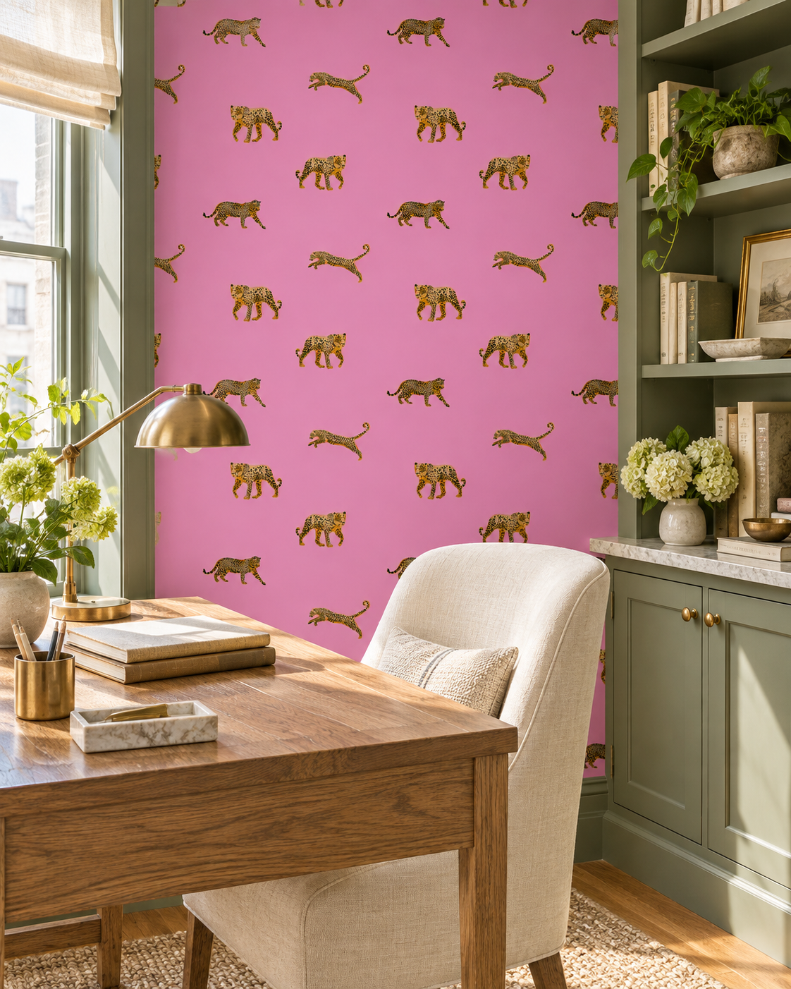 stylish home office featuring bright pink and fun leopard wallpaper