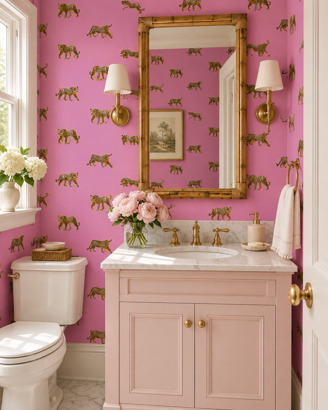 dramatic animal print wall-covering in bright pink cheetahs printed on commercial grade water and stain resistant performance vinyl wall-covering, great for bathrooms, kitchens and commercial spaces.