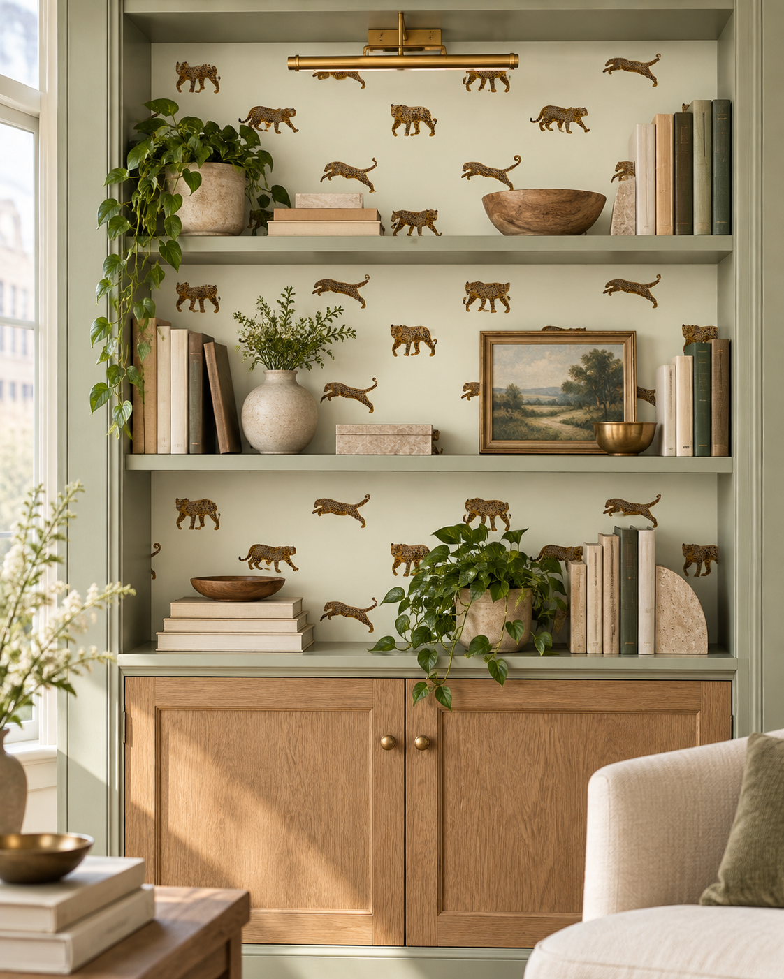 A styled interior scene showing a built-in shelving unit with a pale green wallpaper pattern featuring small brown animal silhouettes. The shelves are decorated with books, vases, plants, bowls, and a framed landscape print.