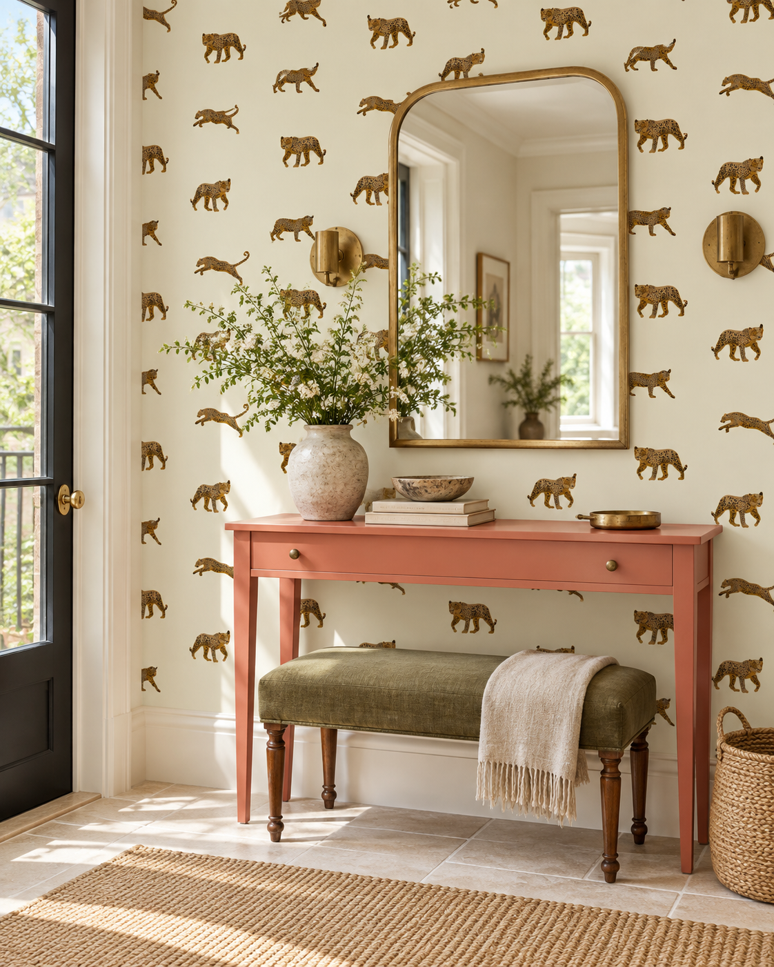 A styled interior entryway featuring wallpaper with a repeating pattern of brown animal silhouettes on a warm cream background. A coral-pink console table stands beneath a large gold-framed mirror, with a green upholstered bench, vase of greenery, books, and a throw blanket.