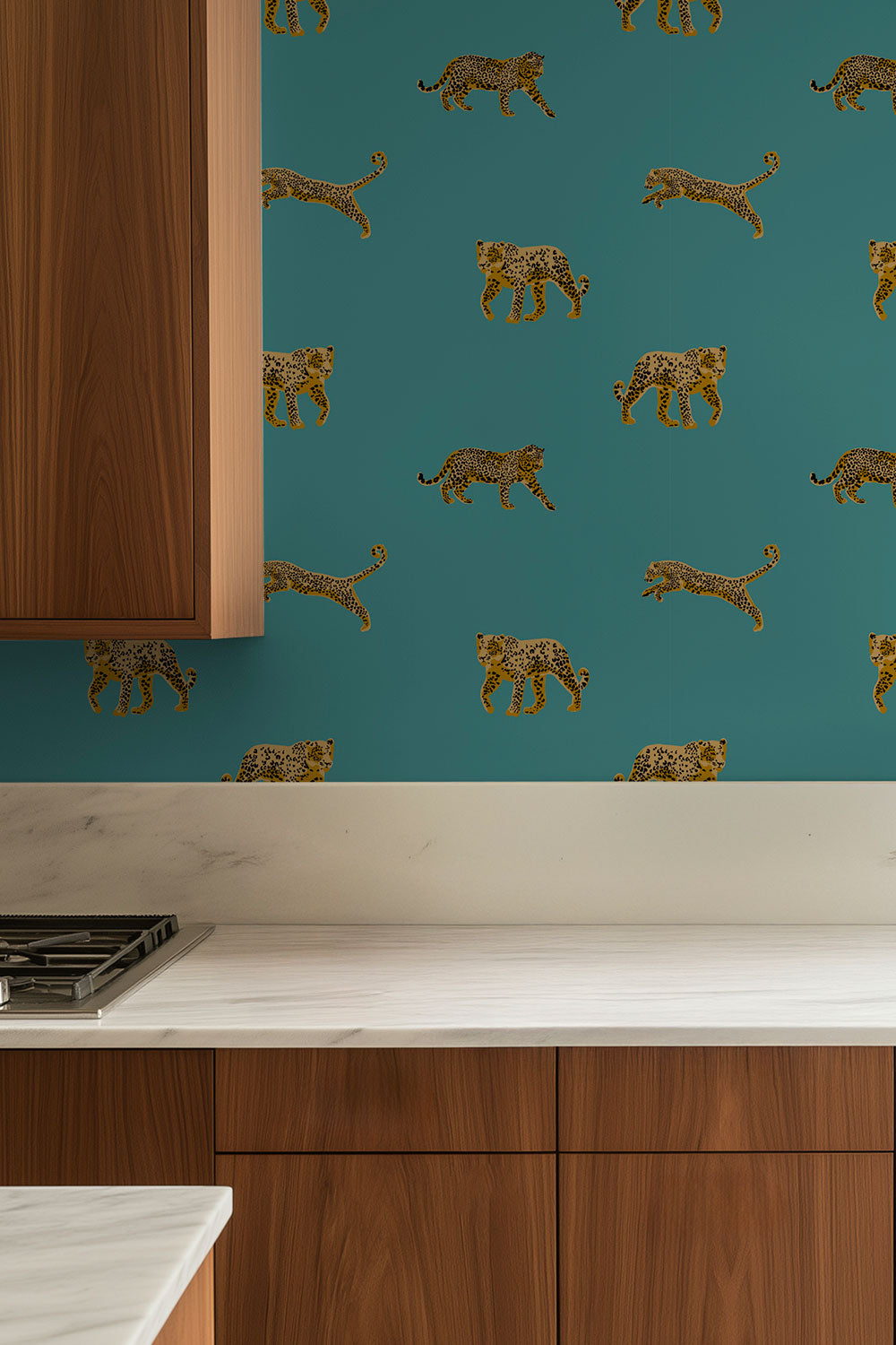 dramatic animal print wall-covering in rich dark green cheetahs printed on commercial grade water and stain resistant performance vinyl wall-covering, great for bathrooms, kitchens and commercial spaces.