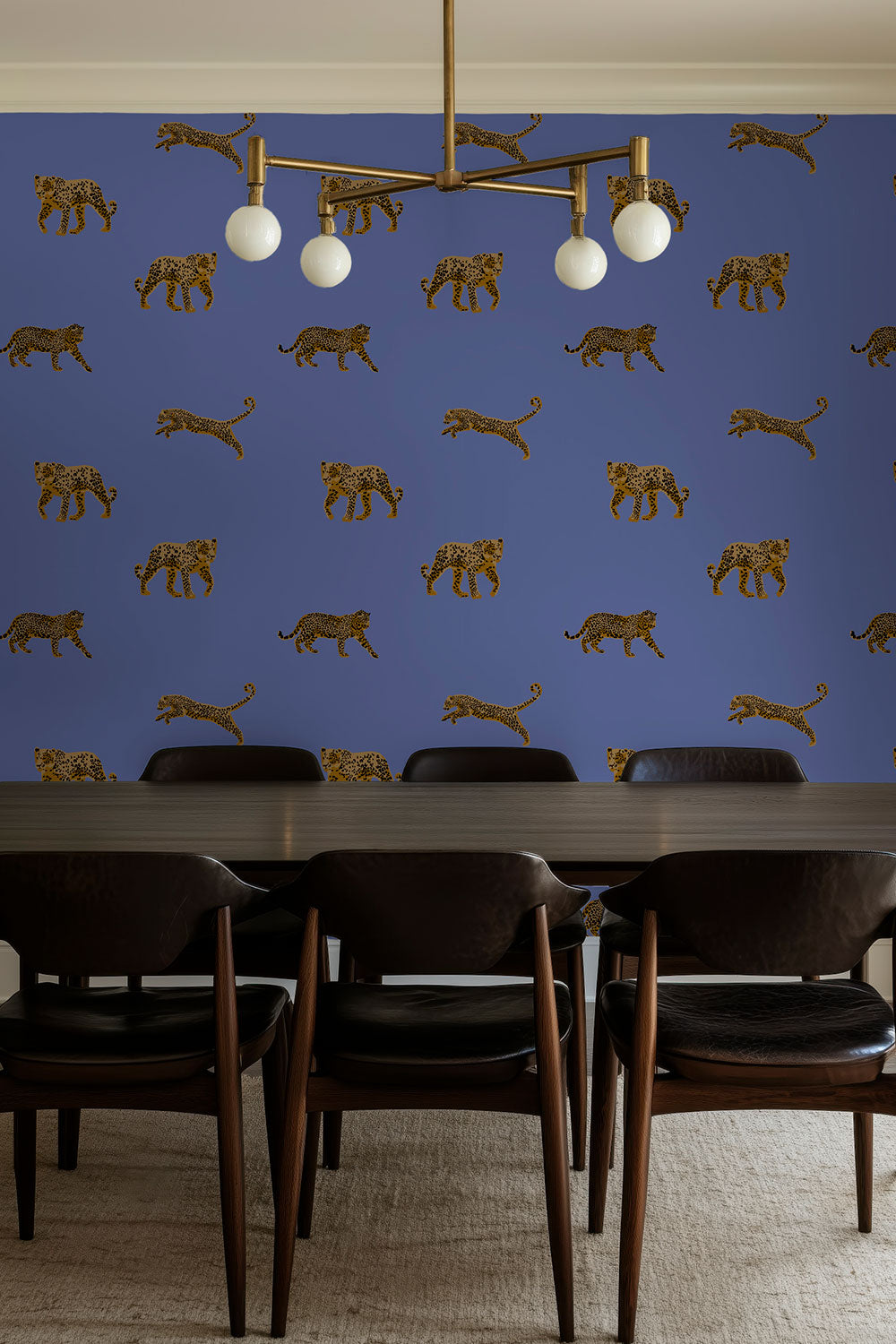 dramatic animal print wall-covering in bold purple cheetahs printed on commercial grade water and stain resistant performance vinyl wall-covering, great for bathrooms, kitchens and commercial spaces.