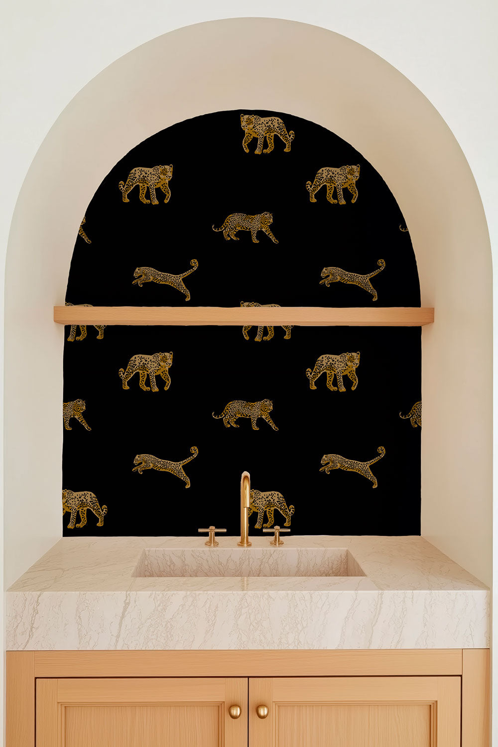 bold black wild animal leopard printed on commercial grade water and stain resistant performance vinyl wall-covering, great for bathrooms, kitchens and commercial spaces.