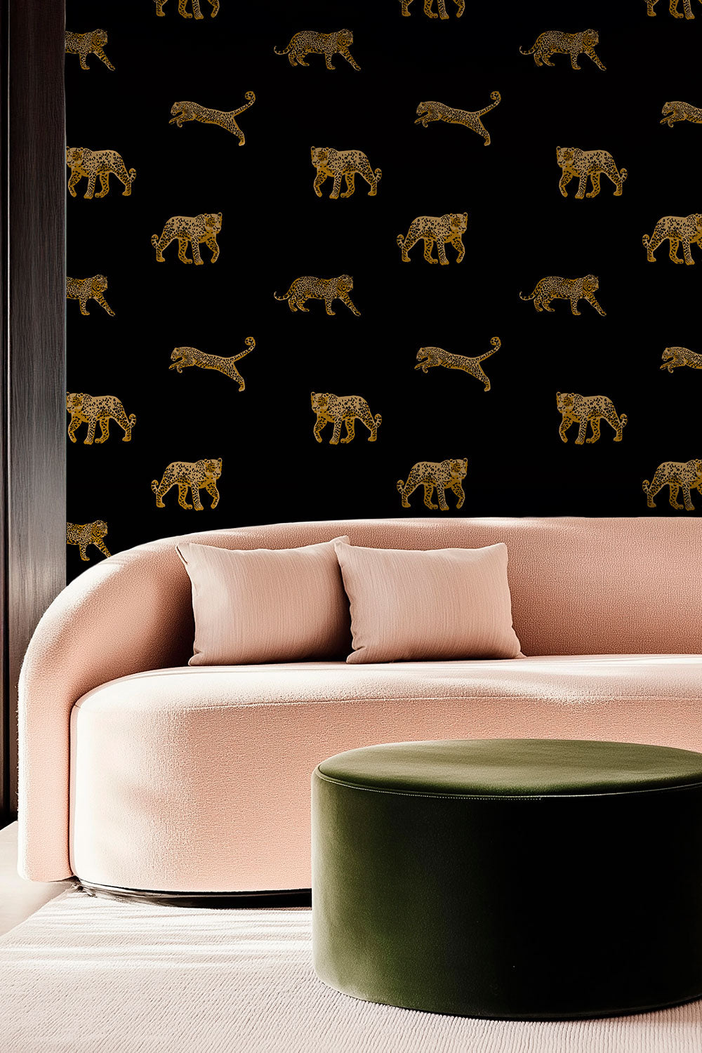 Playful leopard pattern wallpaper for contemporary spaces with dramatic flair