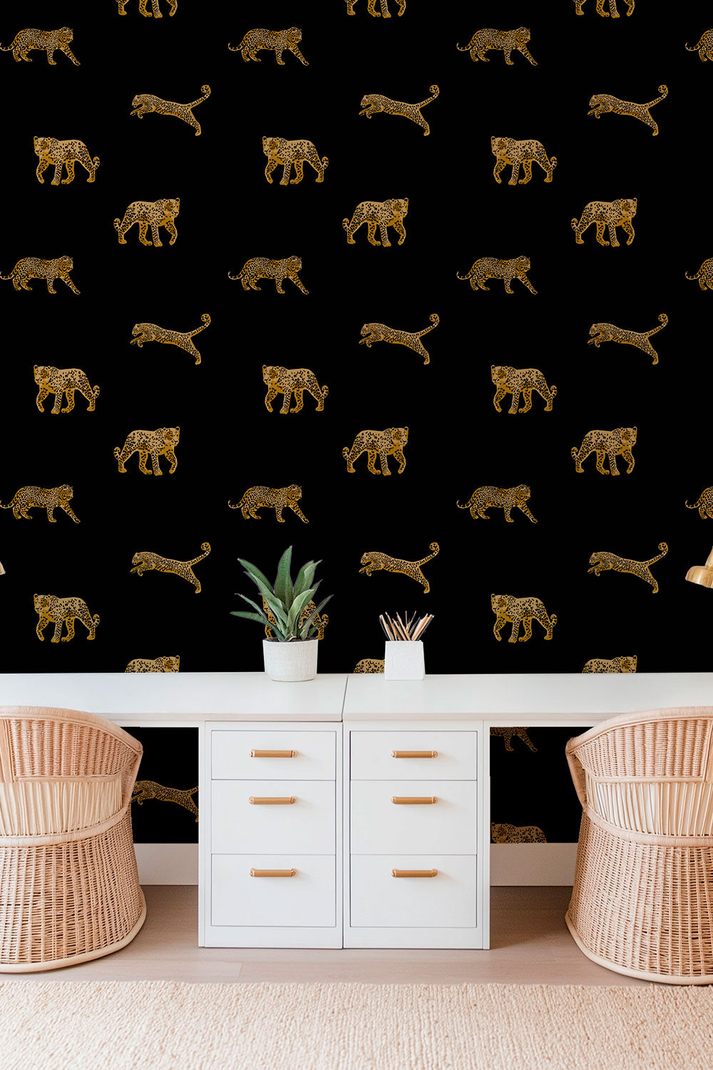 modern home off with luxury all-natural grass-cloth wall-covering in black with wild animal leopards