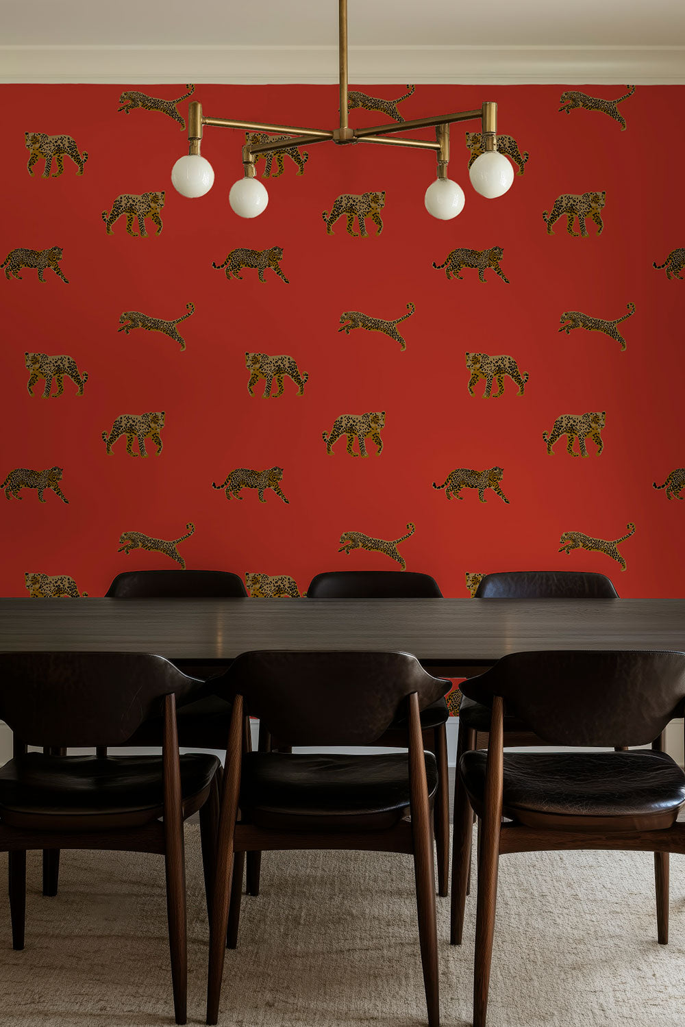 posh city chic dining room with dramatic red animal print wall-covering