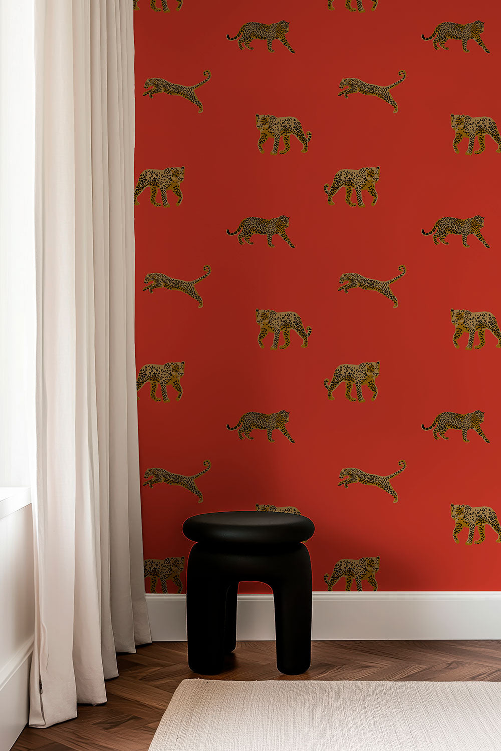 dramatic animal print wall-covering in bold red cheetahs printed on commercial grade water and stain resistant performance vinyl wall-covering, great for bathrooms, kitchens and commercial spaces.