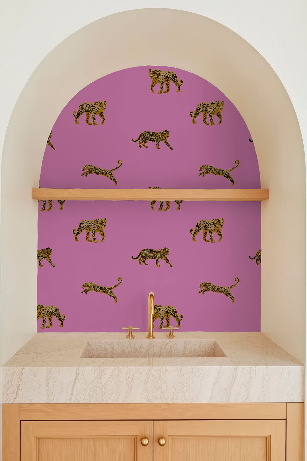 dramatic animal print wall-covering in bright pink cheetahs printed on commercial grade water and stain resistant performance vinyl wall-covering, great for bathrooms, kitchens and commercial spaces.