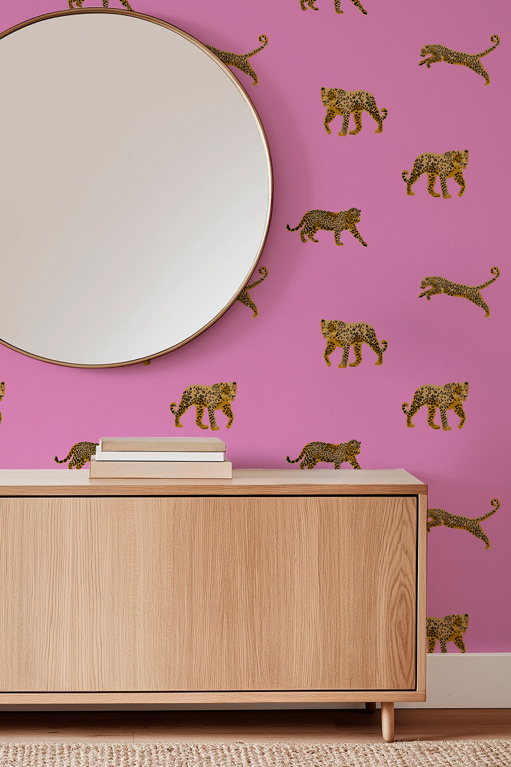 Playful leopard pattern wallpaper for contemporary spaces with dramatic flair for modern bedrooms in bright pink wall covering