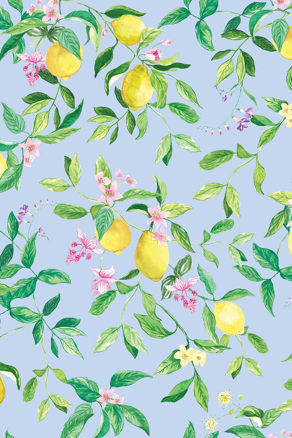 lemon wallpaper, citrus wallpaper, limoncello wallpaper, blue wallpaper, fruit wallpaper, italian inspired wallpaper, kitchen wallpaper, lemon floral print on all-natural and eco-friendly wall-covering grasscloth basketweave and paperweave
