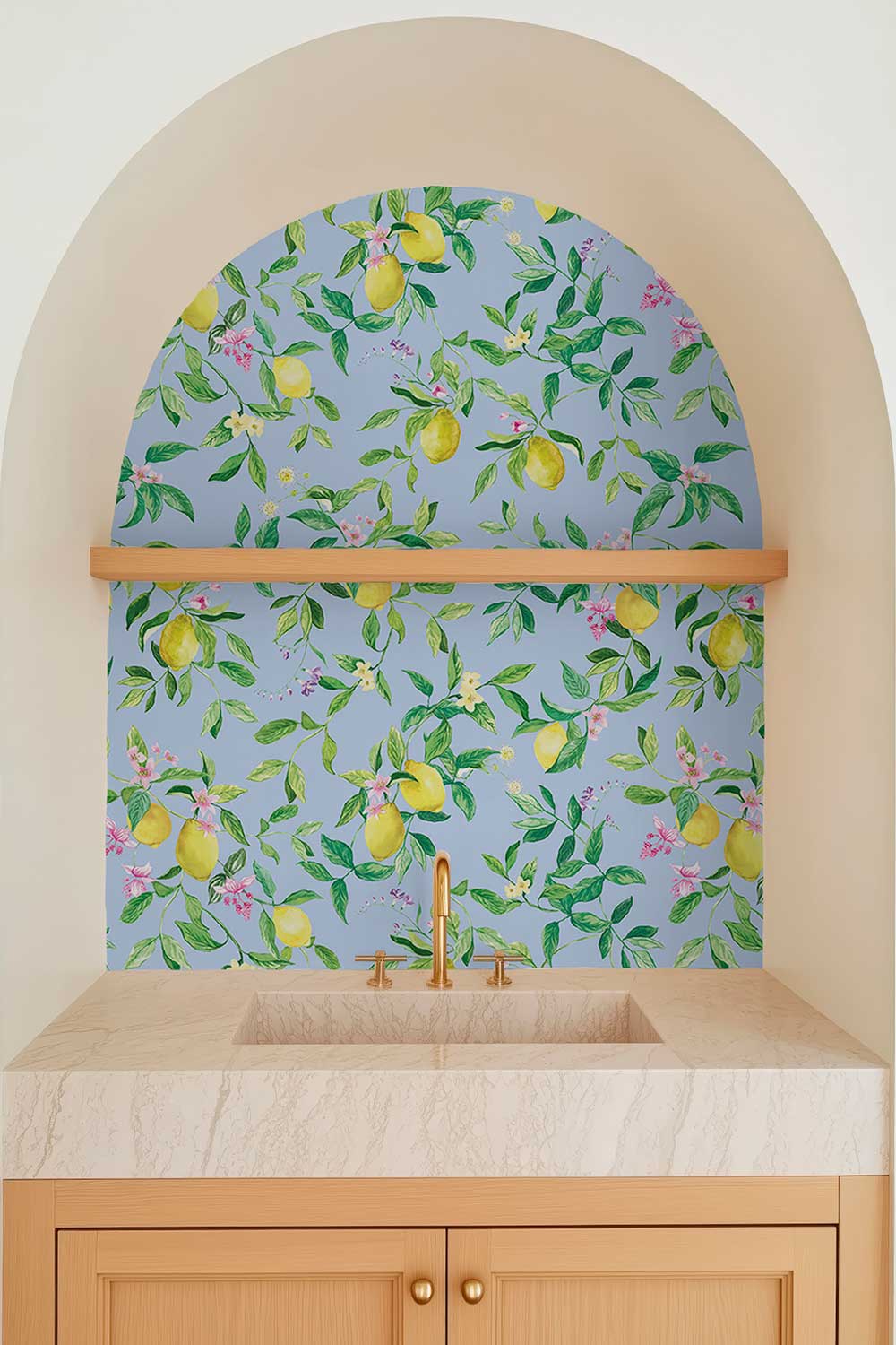 lemon wallpaper, citrus wallpaper, limoncello wallpaper, blue wallpaper, fruit wallpaper, italian inspired wallpaper, kitchen wallpaper, lemon floral print on performance vinyl wallpaper that is stain and moisture resistant