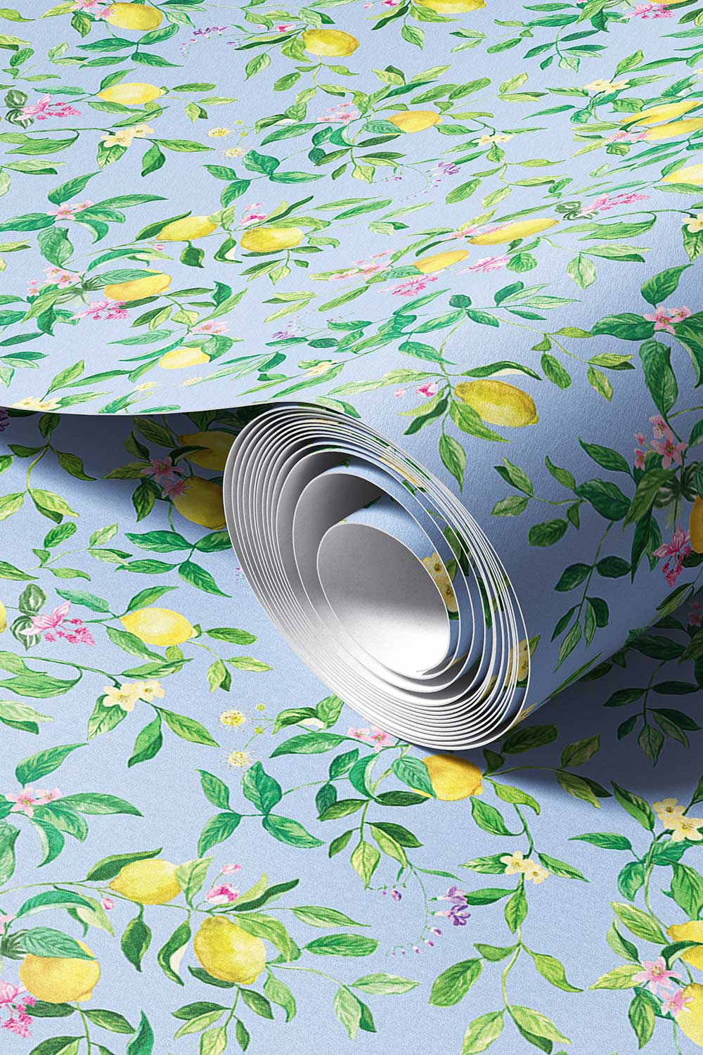 lemon wallpaper, citrus wallpaper, limoncello wallpaper, blue wallpaper, fruit wallpaper, italian inspired wallpaper, kitchen wallpaper, lemon floral print on performance vinyl wallpaper that is stain and moisture resistant