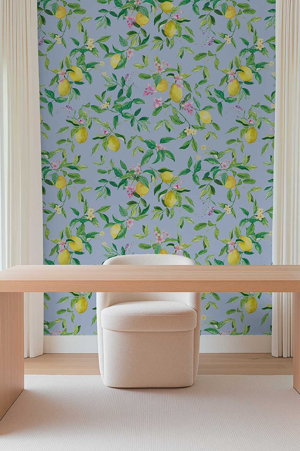 lemon wallpaper, citrus wallpaper, limoncello wallpaper, blue wallpaper, fruit wallpaper, italian inspired wallpaper, kitchen wallpaper, lemon floral print on eco friendly traditional matte luxury wall covering
