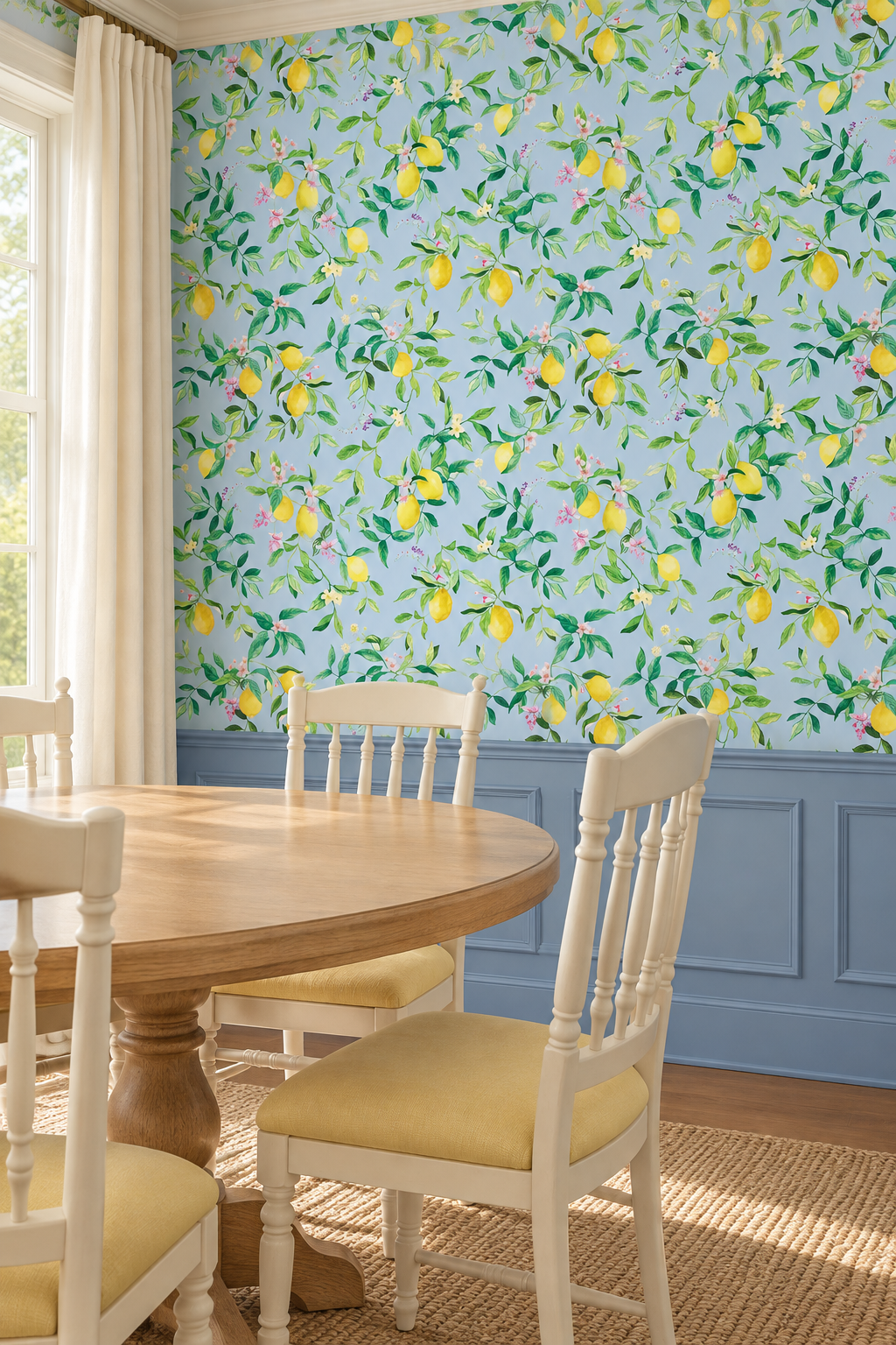 lemon wallpaper in dining room, citrus wallpaper, limoncello wallpaper, blue wallpaper, fruit wallpaper, italian inspired wallpaper, kitchen wallpaper, lemon floral print on all-natural and eco-friendly wall-covering grasscloth basketweave and paperweave