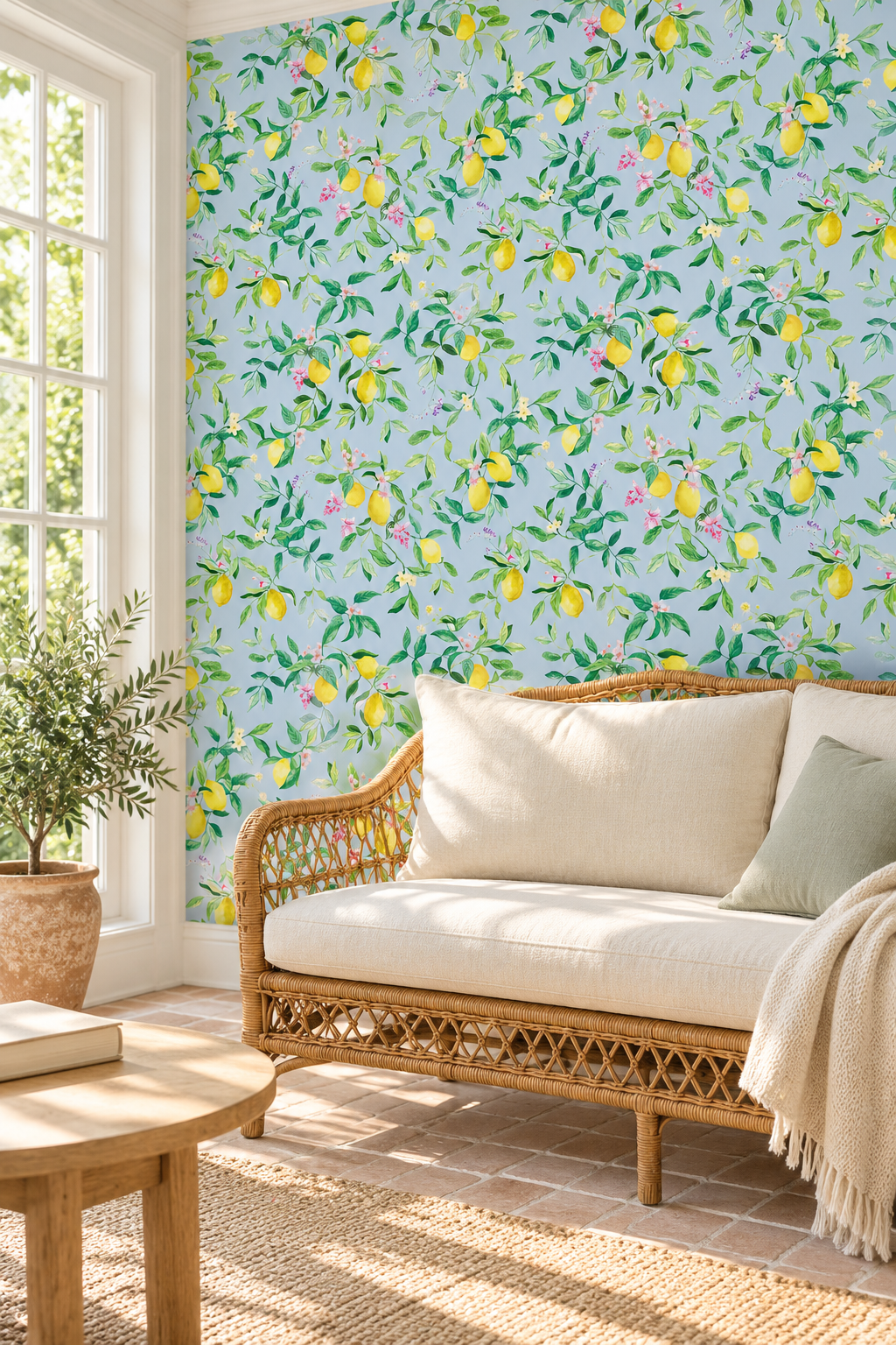 lemon and floral botanical traditional wallpaper in bright coastal sun room living space