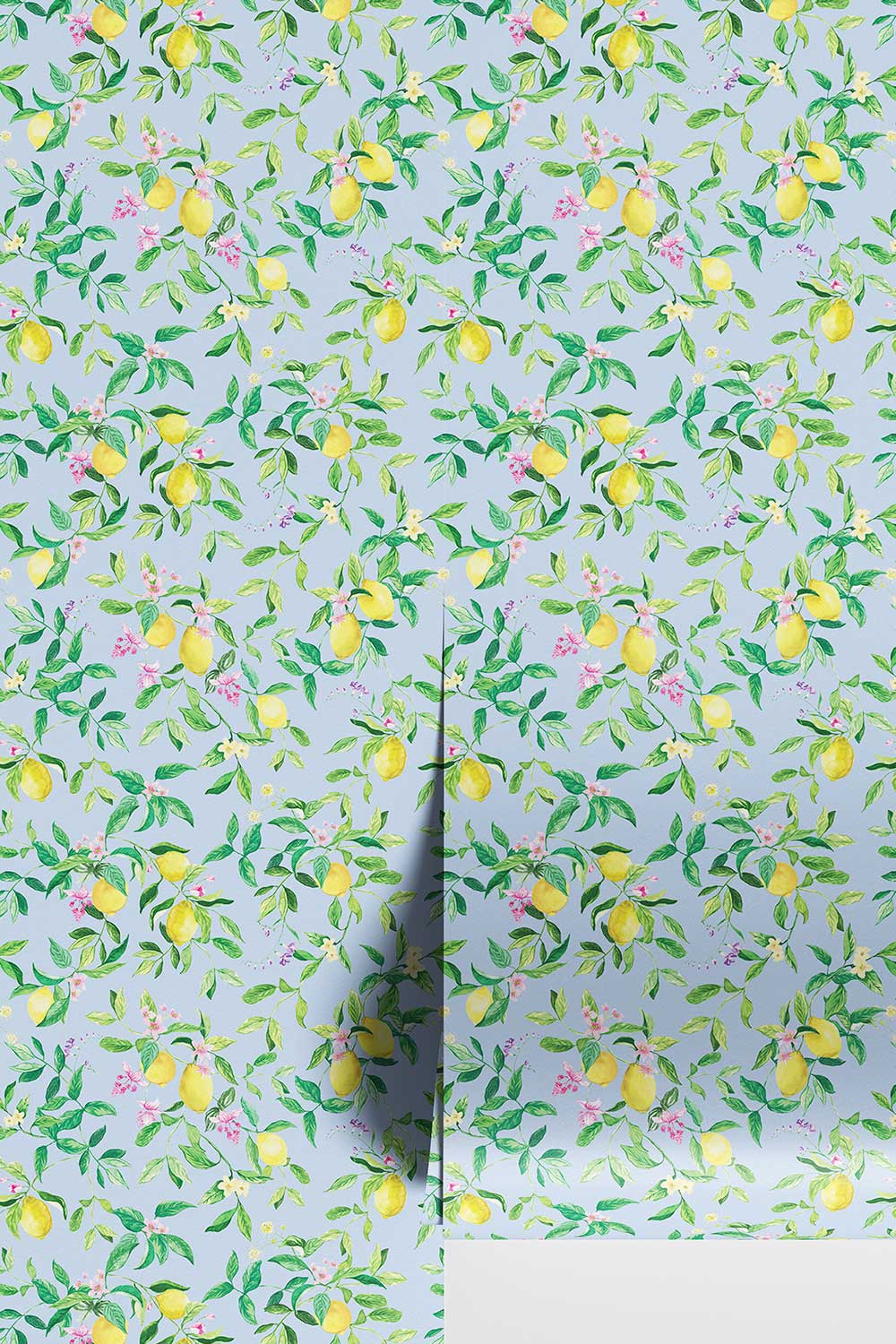 lemon wallpaper, citrus wallpaper, limoncello wallpaper, blue wallpaper, fruit wallpaper, italian inspired wallpaper, kitchen wallpaper, lemon floral print on eco friendly traditional matte luxury wall covering
