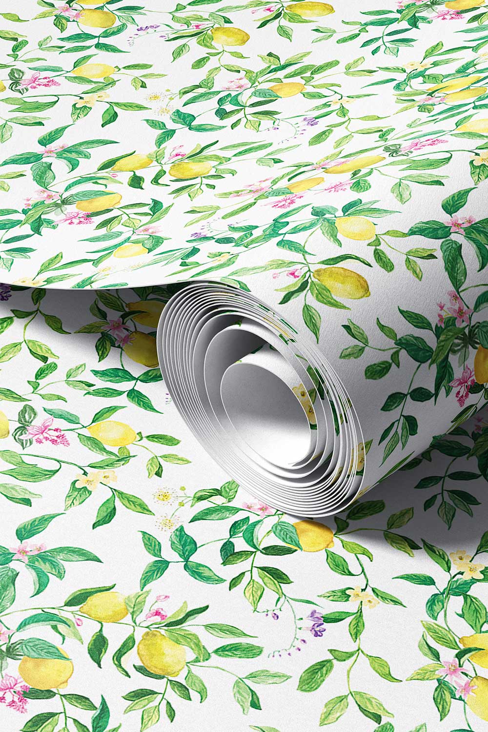 lemon wallpaper, citrus wallpaper, limoncello wallpaper, white wallpaper, fruit wallpaper, italian inspired wallpaper, kitchen wallpaper, lemon floral print on performance vinyl wallpaper that is stain and moisture resistant