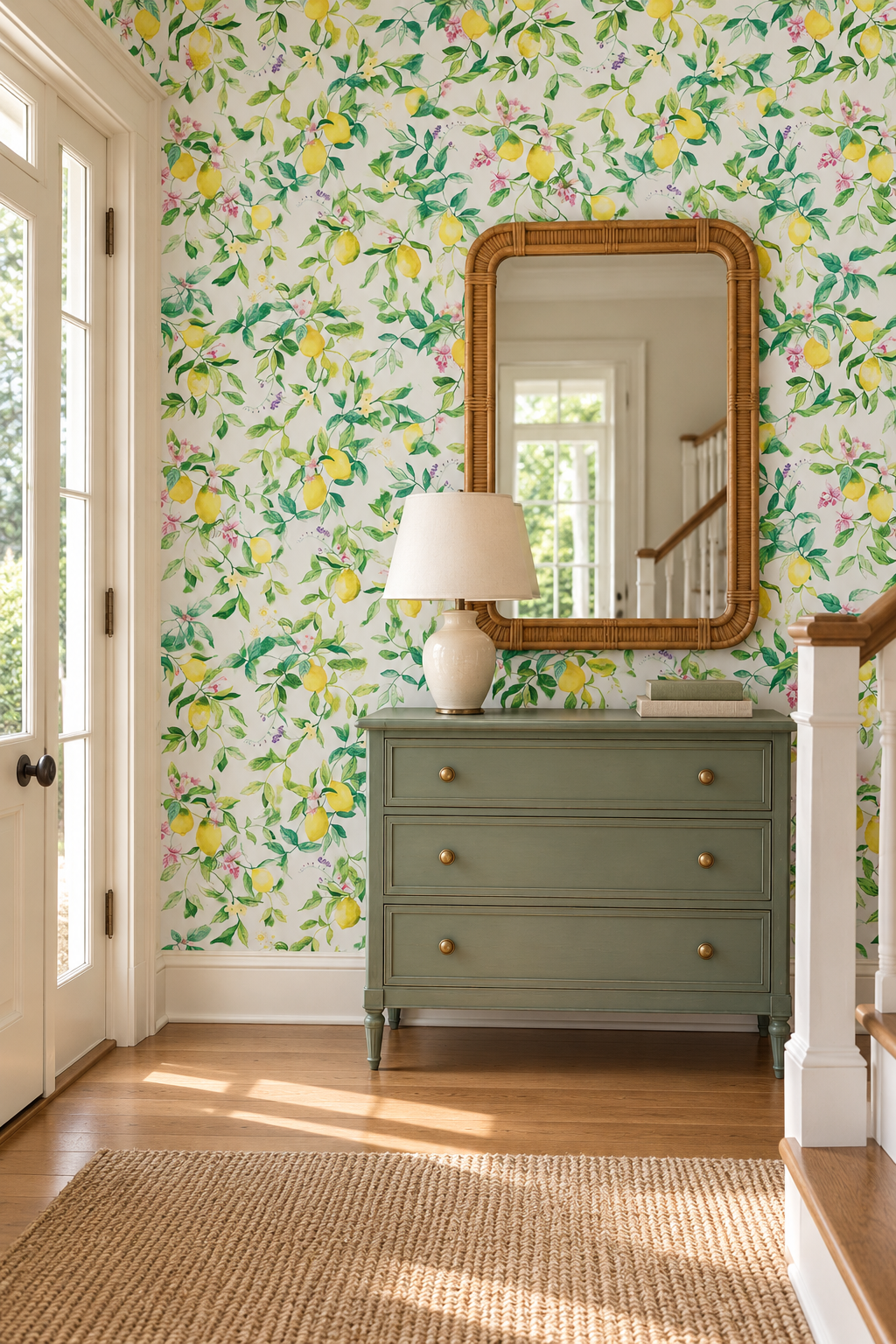 lemon wallpaper in bright and inviting formal entryway in traditional house, citrus wallpaper, limoncello wallpaper, white and pastel wallpaper, fruit wallpaper, italian inspired wallpaper, kitchen wallpaper, lemon floral print on all-natural and eco-friendly wall-covering grasscloth and paperweave