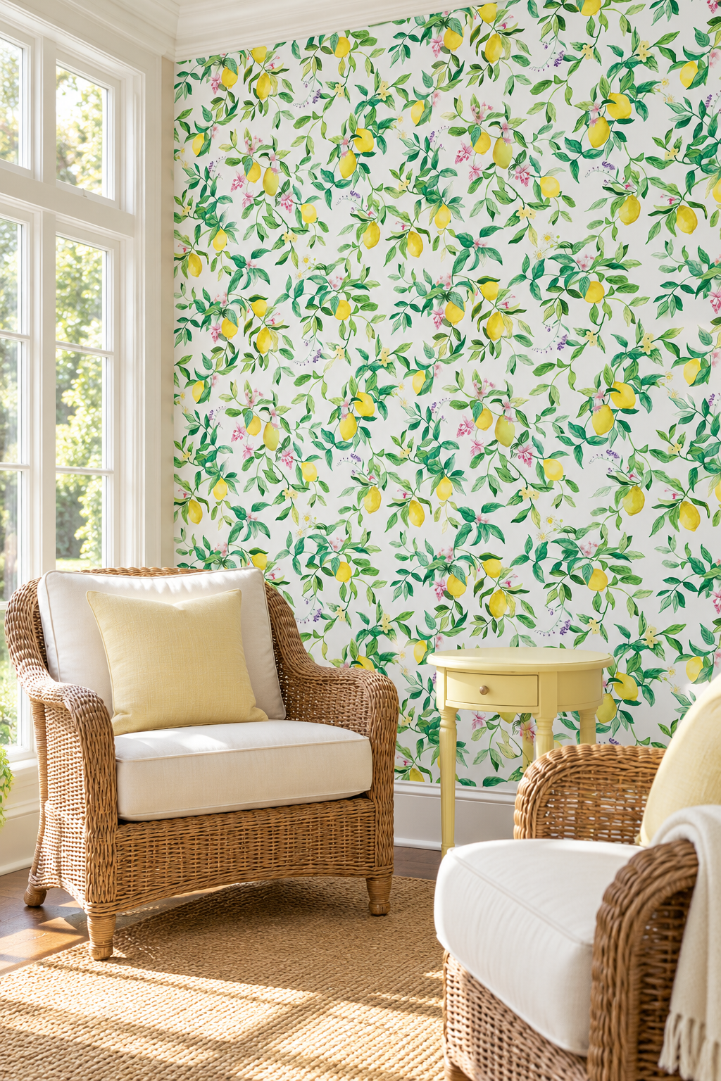 lemon wallpaper in bright sun filled living room, citrus wallpaper, limoncello wallpaper, white wallpaper, fruit wallpaper, italian inspired wallpaper, kitchen wallpaper, lemon floral print on eco friendly traditional matte luxury wall covering