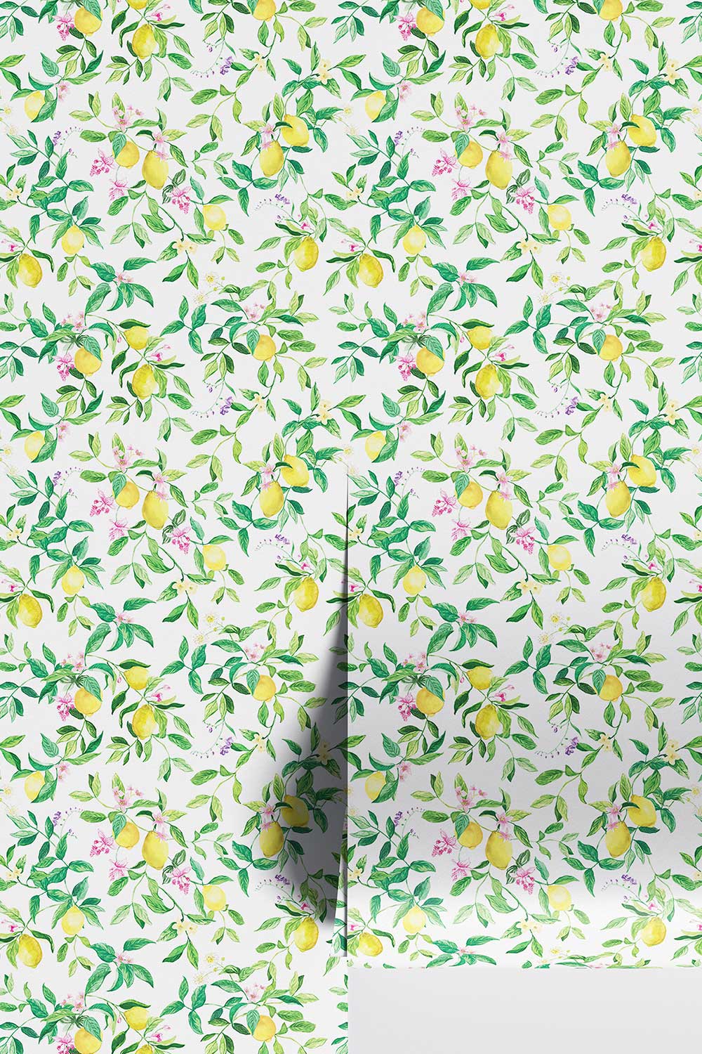 lemon wallpaper, citrus wallpaper, limoncello wallpaper, white wallpaper, fruit wallpaper, italian inspired wallpaper, kitchen wallpaper, lemon floral print on eco friendly traditional matte luxury wall covering