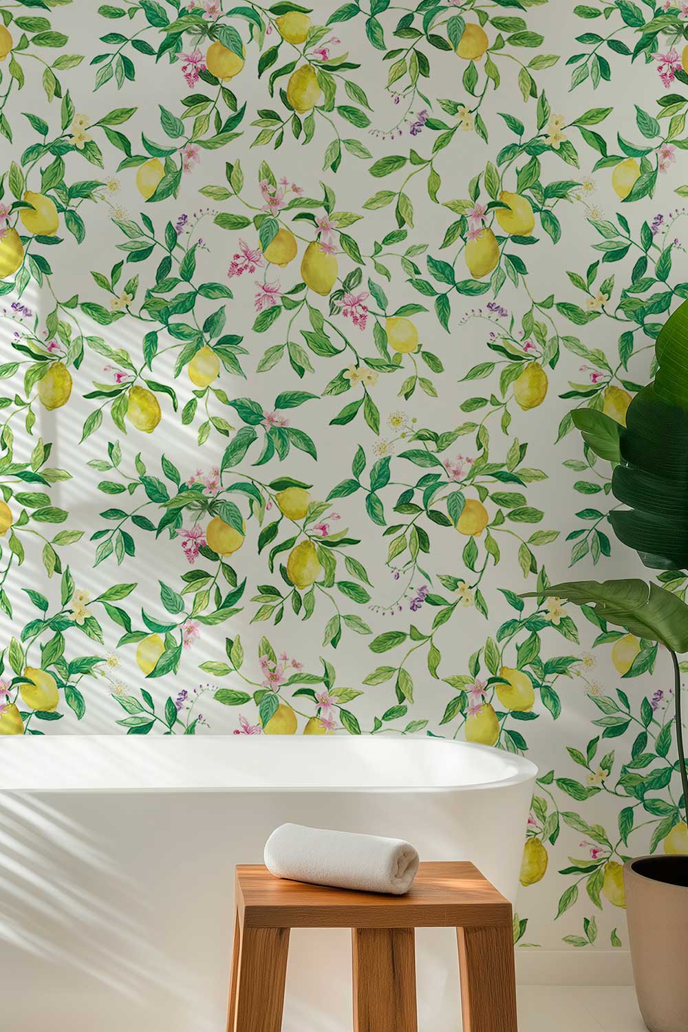 lemon wallpaper, citrus wallpaper, limoncello wallpaper, white wallpaper, fruit wallpaper, italian inspired wallpaper, kitchen wallpaper, lemon floral print on performance vinyl wallpaper that is stain and moisture resistant