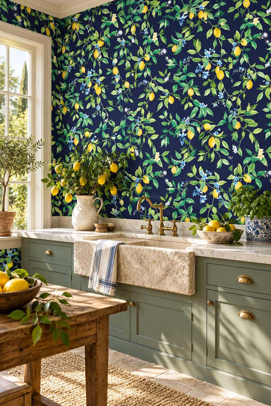 A dark navy wallpaper with a watercolor-style lemon and floral wallpaper in this high end kitchen. lemon wallpaper, citrus wallpaper, limoncello wallpaper, blue wallpaper, fruit wallpaper, italian inspired wallpaper, kitchen wallpaper, lemon floral print on performance vinyl wallpaper that is stain and moisture resistant
