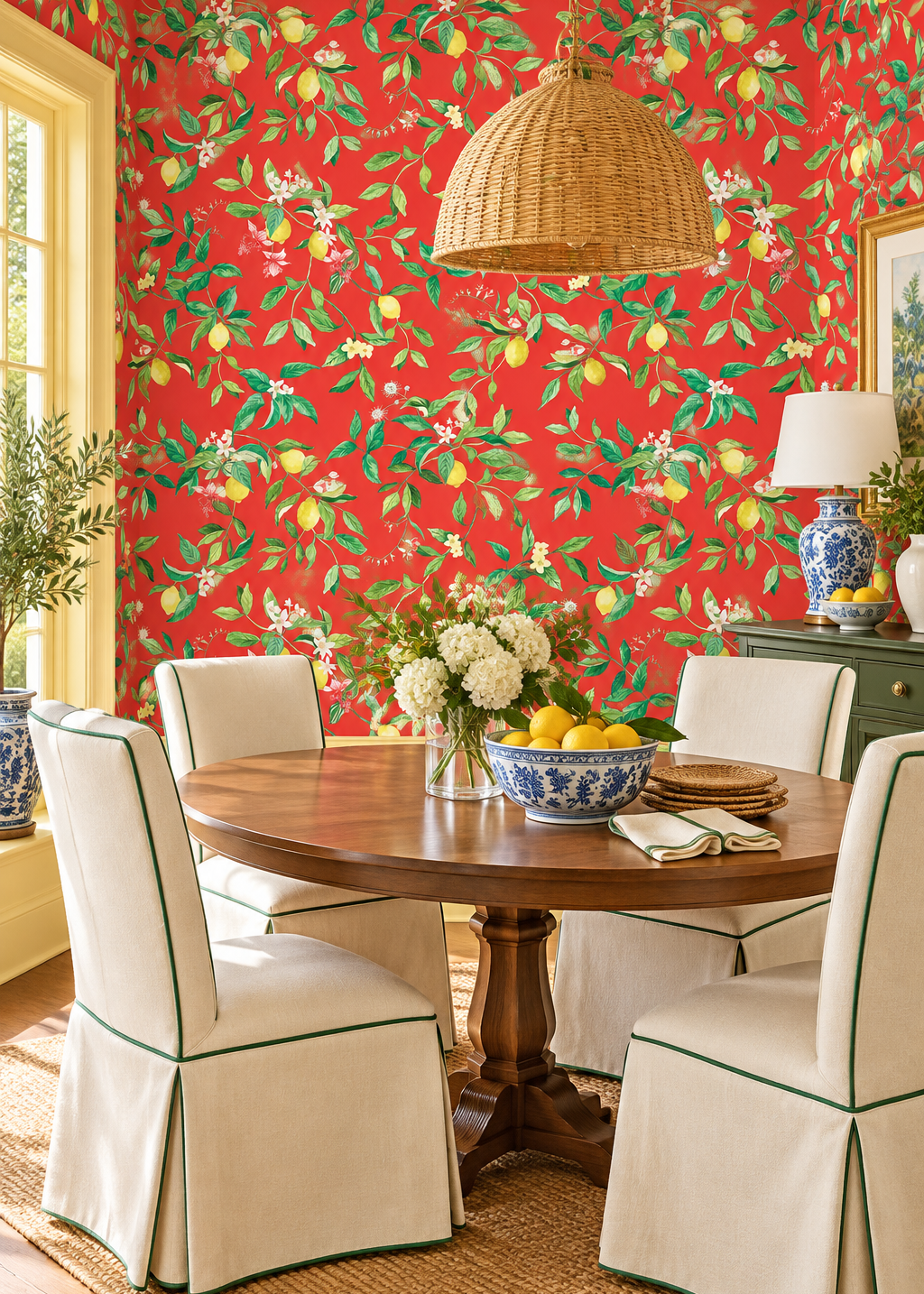 Luxury dining room featuring lemon wallpaper, citrus wallpaper, limoncello wallpaper, blue wallpaper, fruit wallpaper, italian inspired wallpaper, kitchen wallpaper, lemon floral print on eco friendly traditional matte luxury wall covering