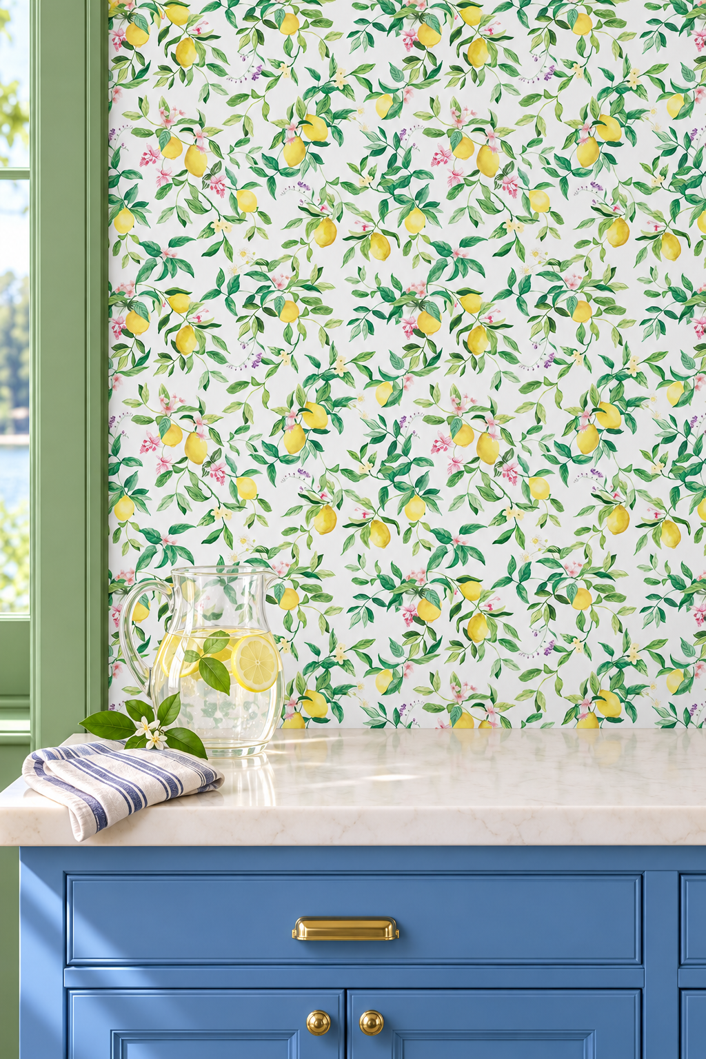 lemon wallpaper, citrus wallpaper, limoncello wallpaper, white wallpaper, fruit wallpaper, italian inspired wallpaper, kitchen wallpaper, lemon floral print on performance vinyl wallpaper that is stain and moisture resistant
