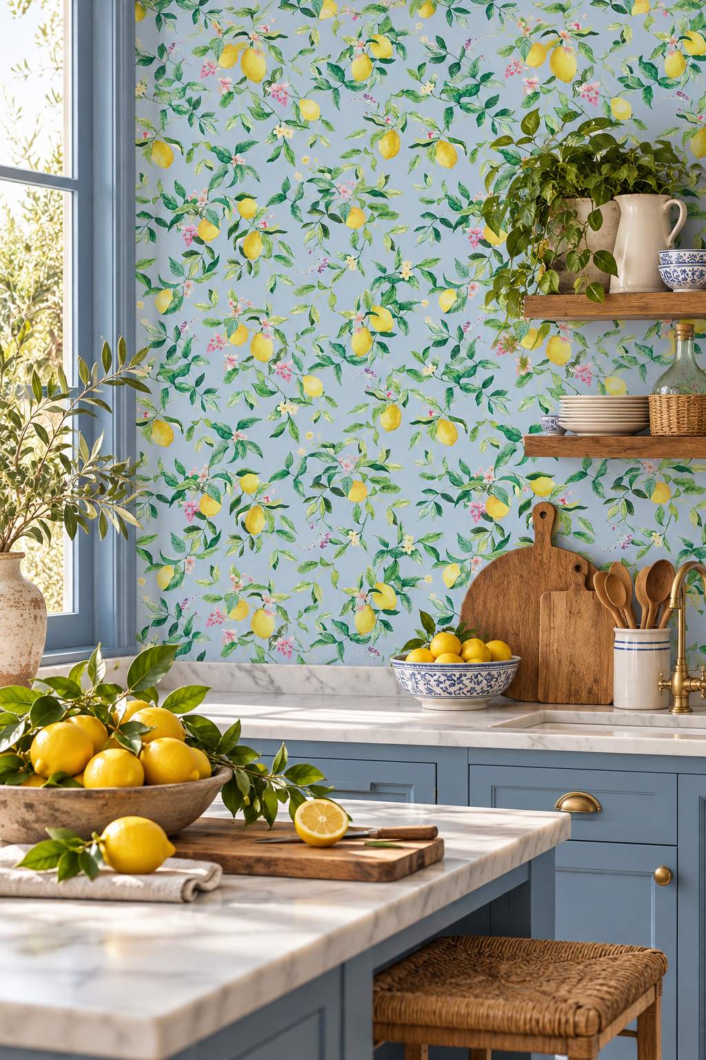 lemon wallpaper, citrus wallpaper, limoncello wallpaper, blue wallpaper, fruit wallpaper, italian inspired wallpaper, kitchen wallpaper, lemon floral print on performance vinyl wallpaper that is stain and moisture resistant