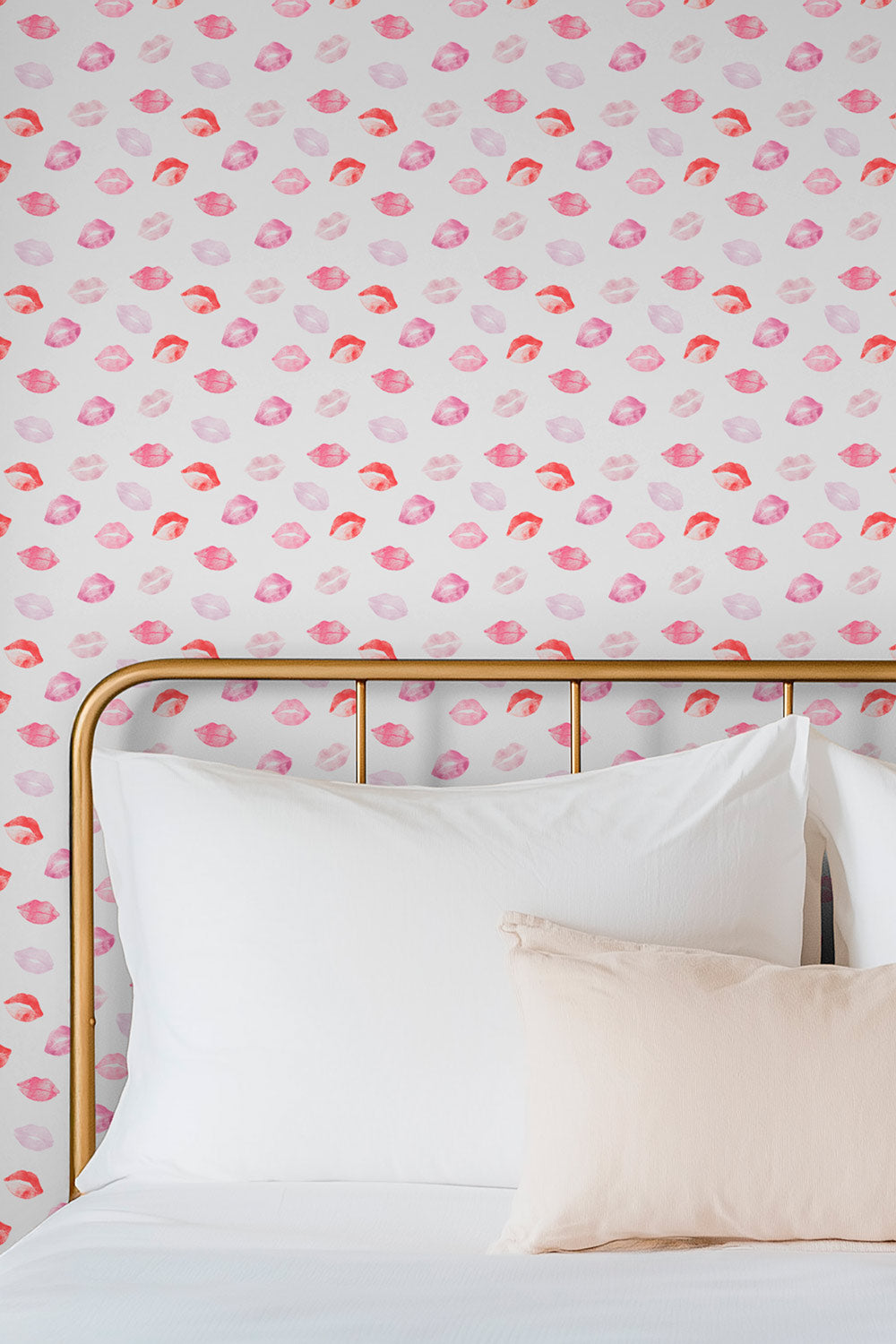 Matte wallpaper with watercolor lipstick kiss marks in soft pink and red shades perfect for girl's bedrooms, bathrooms and beauty salons and makeup studios