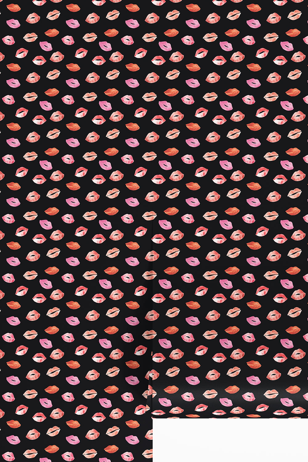 lip lock matte wallpaper, lipstick kiss pattern, watercolor beauty wallpaper, feminine wallpaper, cute lips wallpaper, makeup themed wallpaper, girls bathroom wallpaper, black with shades of pink and red lips